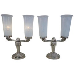 Pair of 1920s Nickel and Opaline Glass Table Lamps