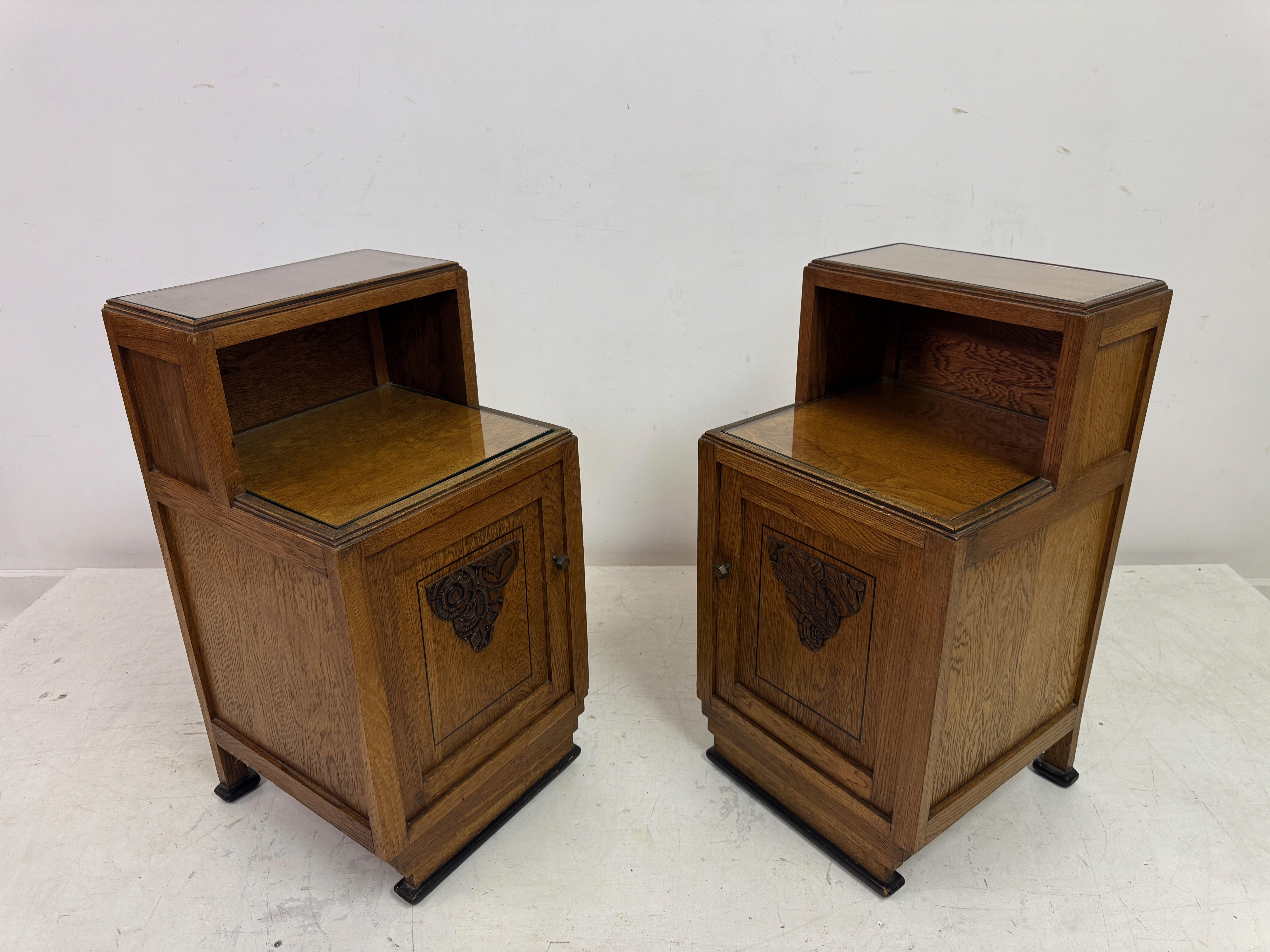 Pair of 1920s Oak Bedside Cabinets with Carved Panels For Sale 5