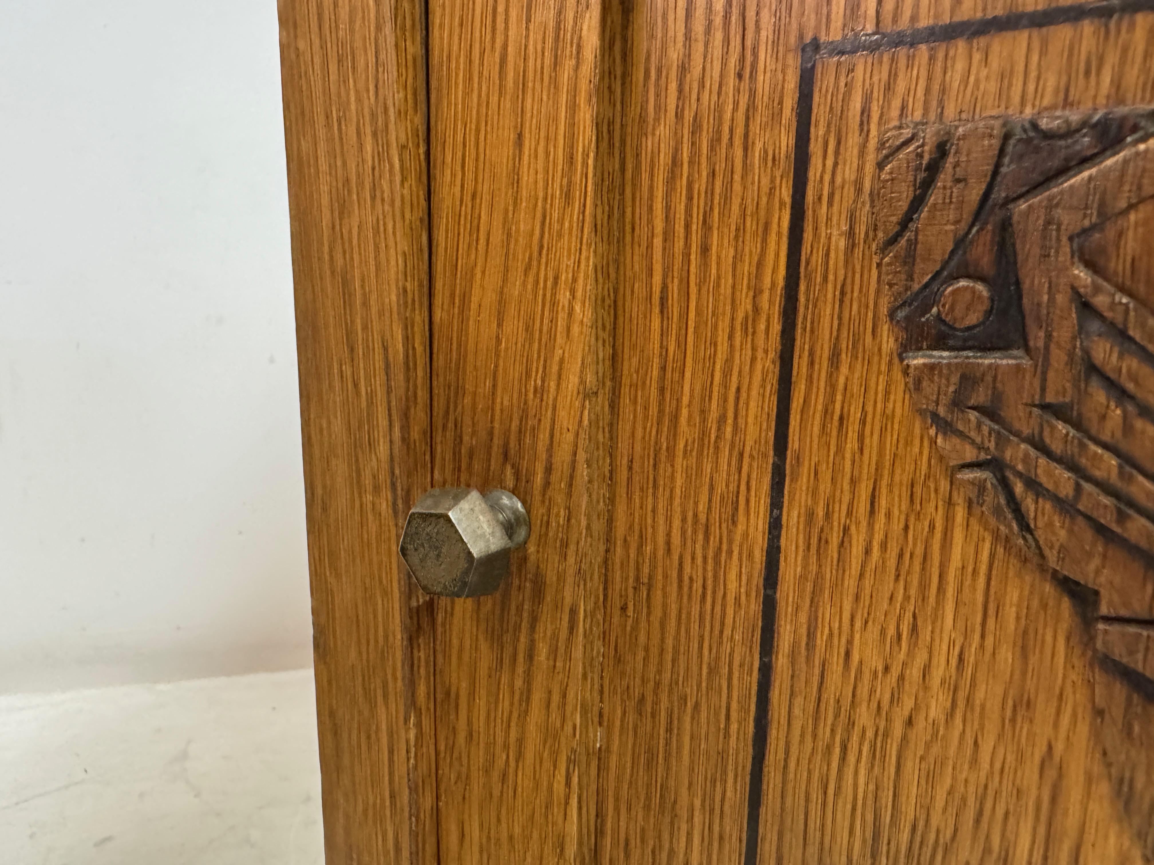 Pair of 1920s Oak Bedside Cabinets with Carved Panels For Sale 8