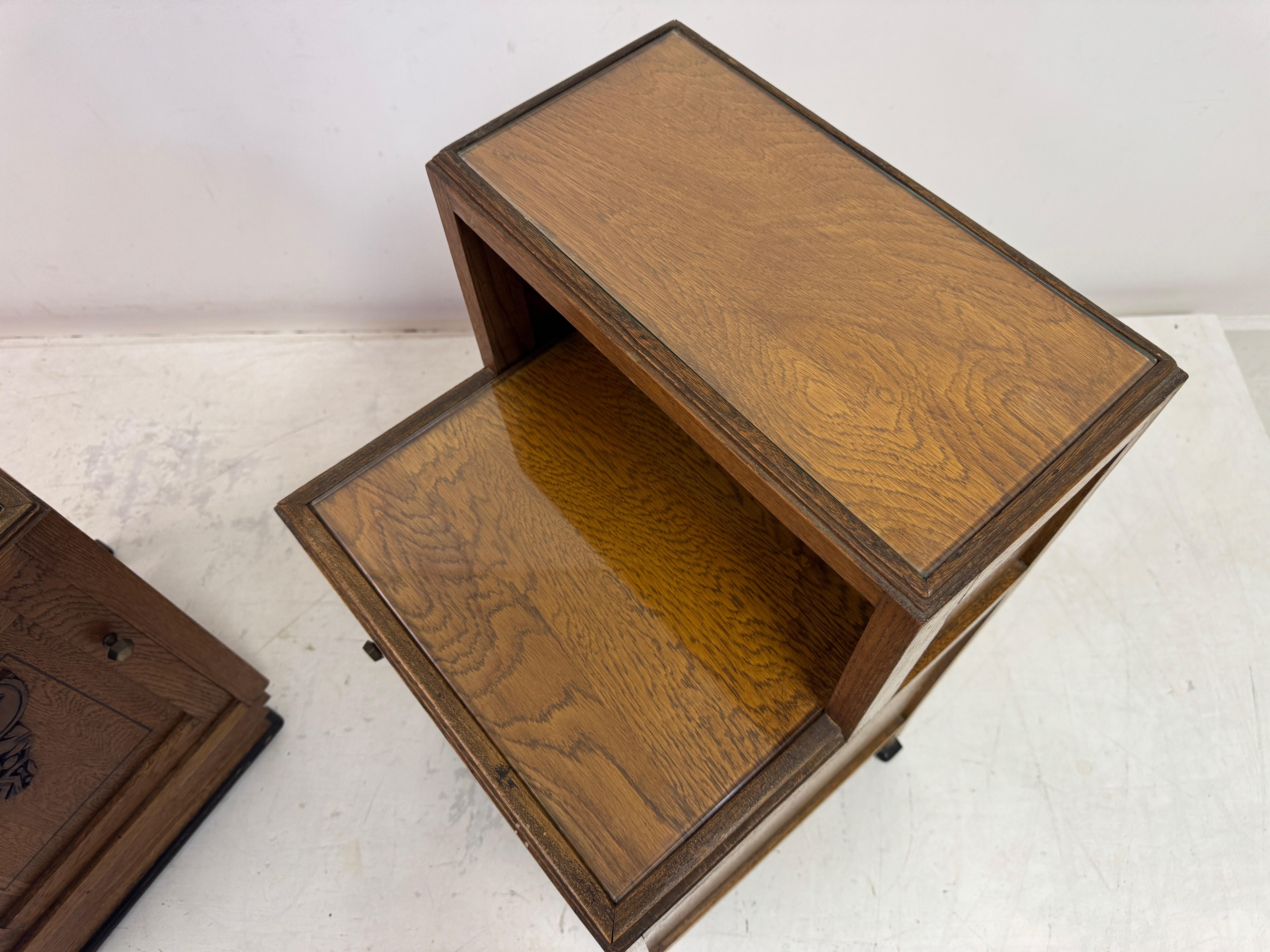 Pair of 1920s Oak Bedside Cabinets with Carved Panels For Sale 10