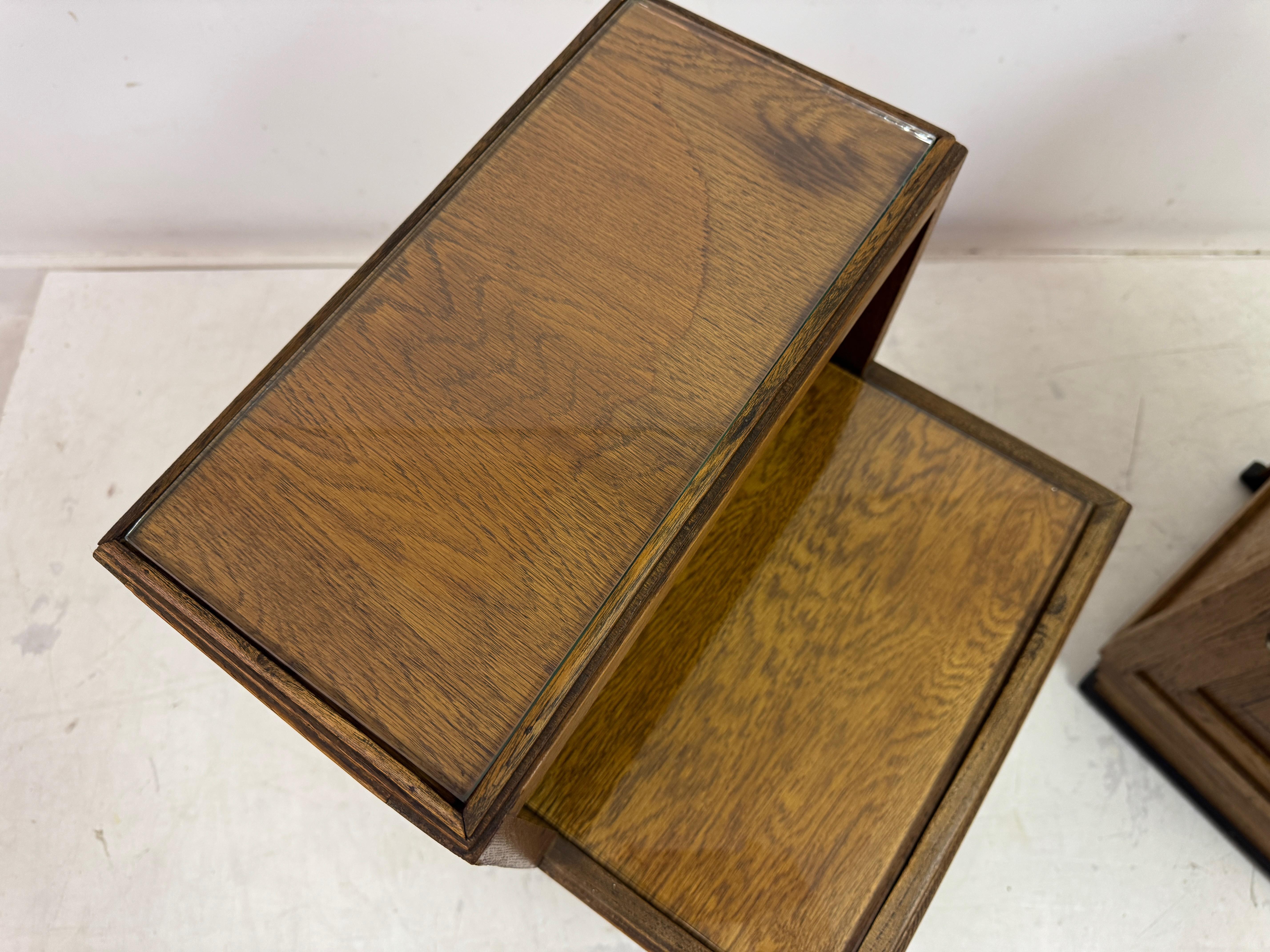 Pair of 1920s Oak Bedside Cabinets with Carved Panels For Sale 11