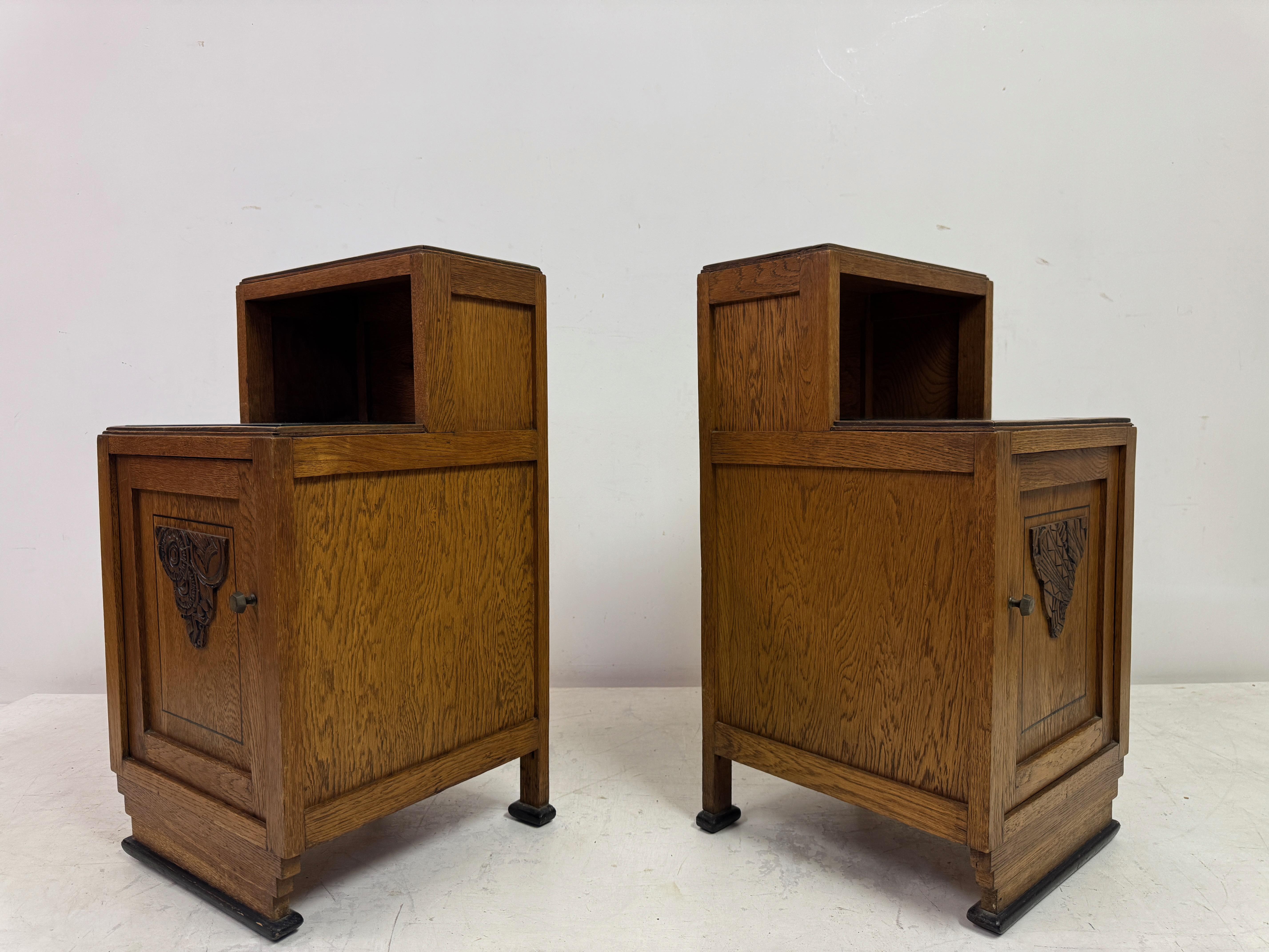 Pair of 1920s Oak Bedside Cabinets with Carved Panels For Sale 12