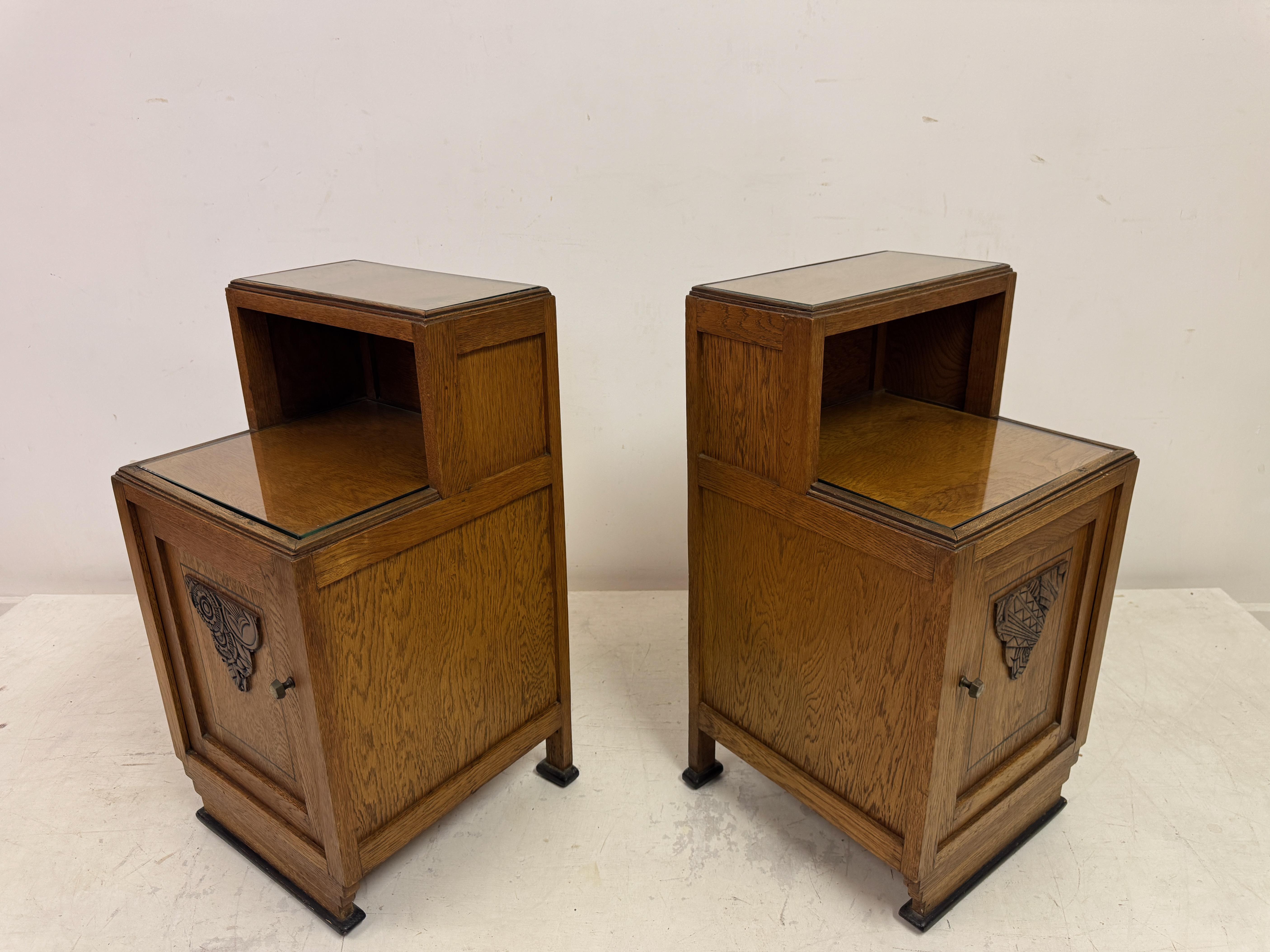 Pair of 1920s Oak Bedside Cabinets with Carved Panels For Sale 13