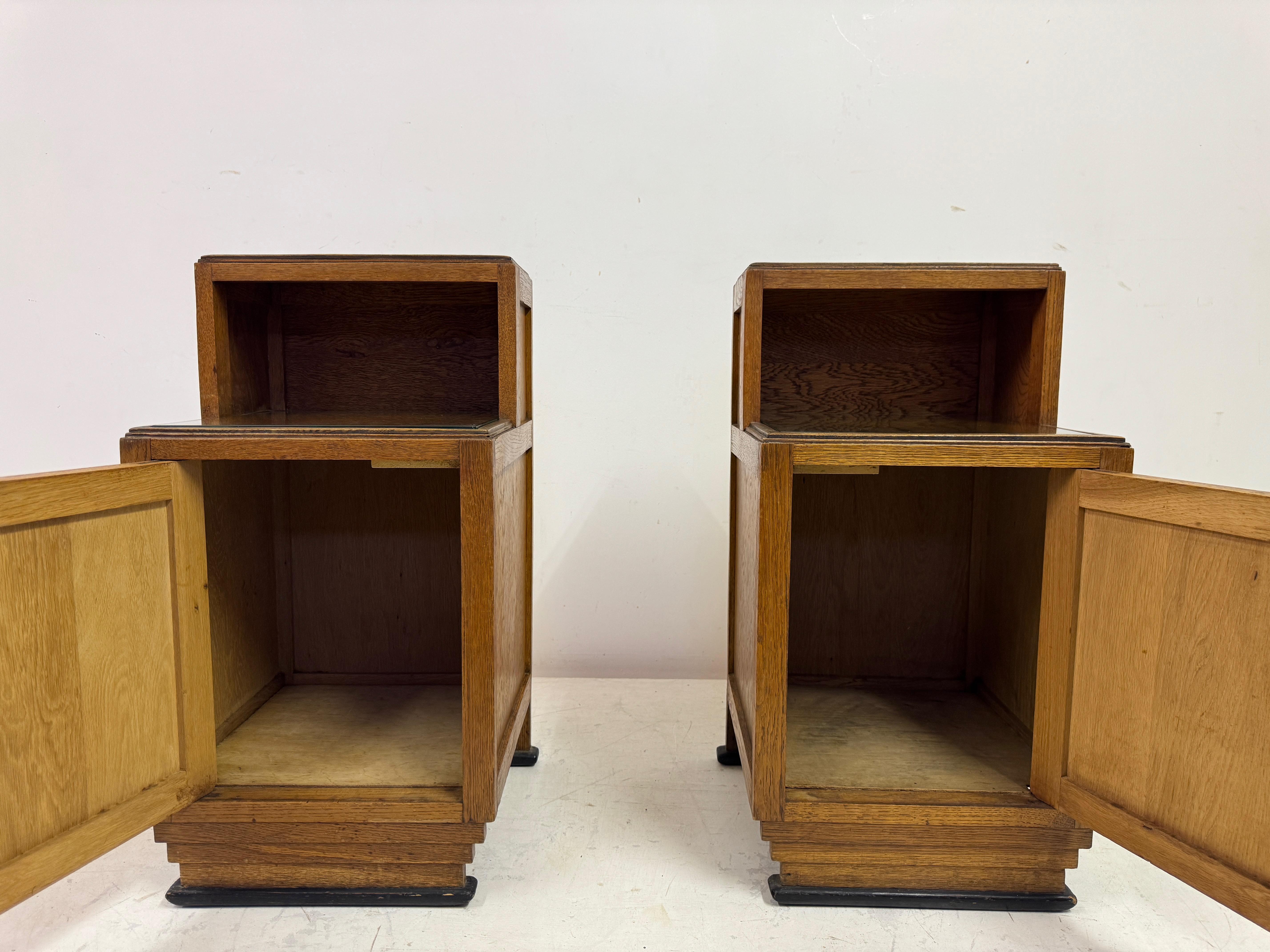 Pair of 1920s Oak Bedside Cabinets with Carved Panels For Sale 1