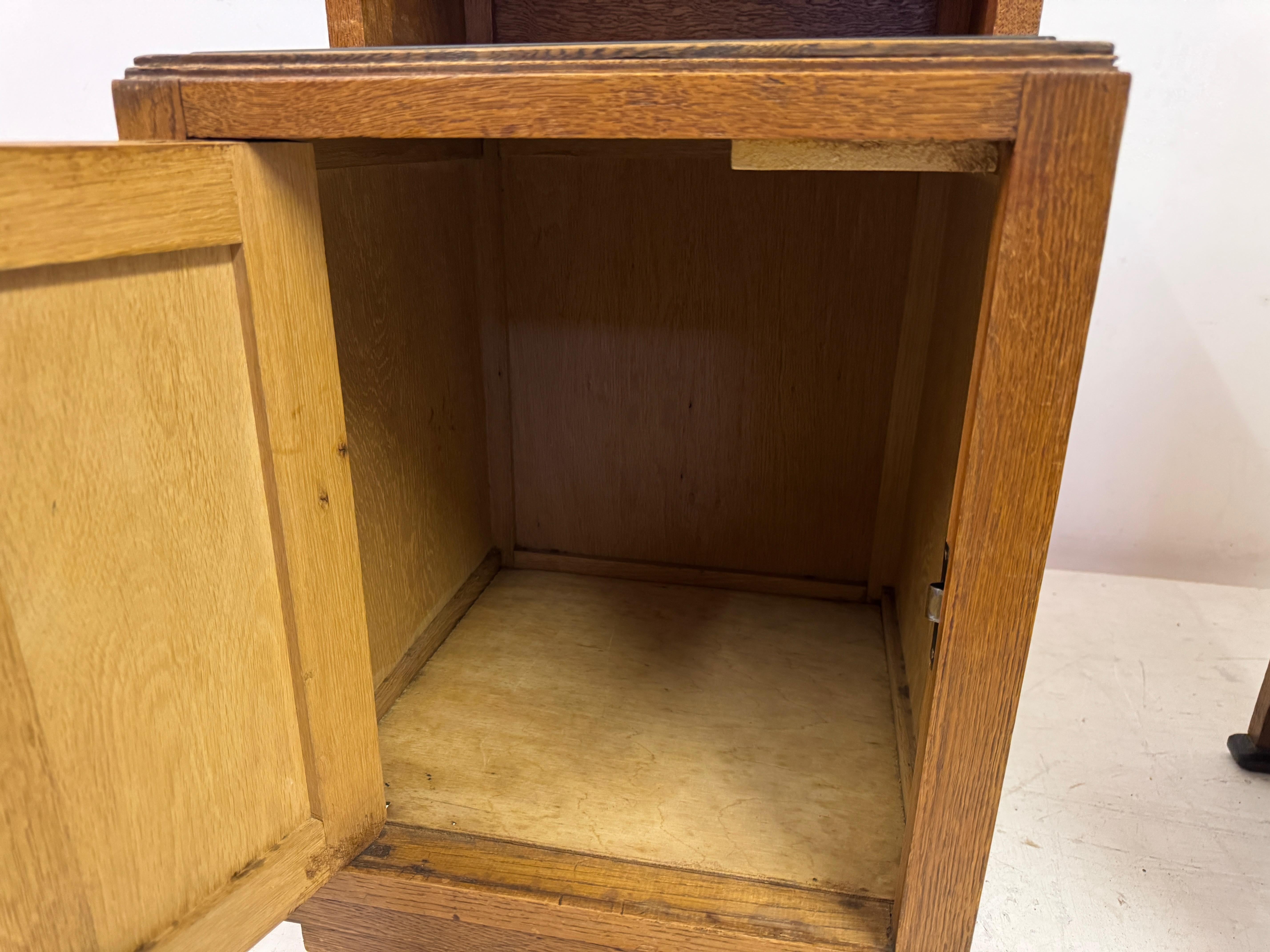 Pair of 1920s Oak Bedside Cabinets with Carved Panels For Sale 3
