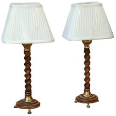 Antique Pair of 1920s Oak Table Lamps
