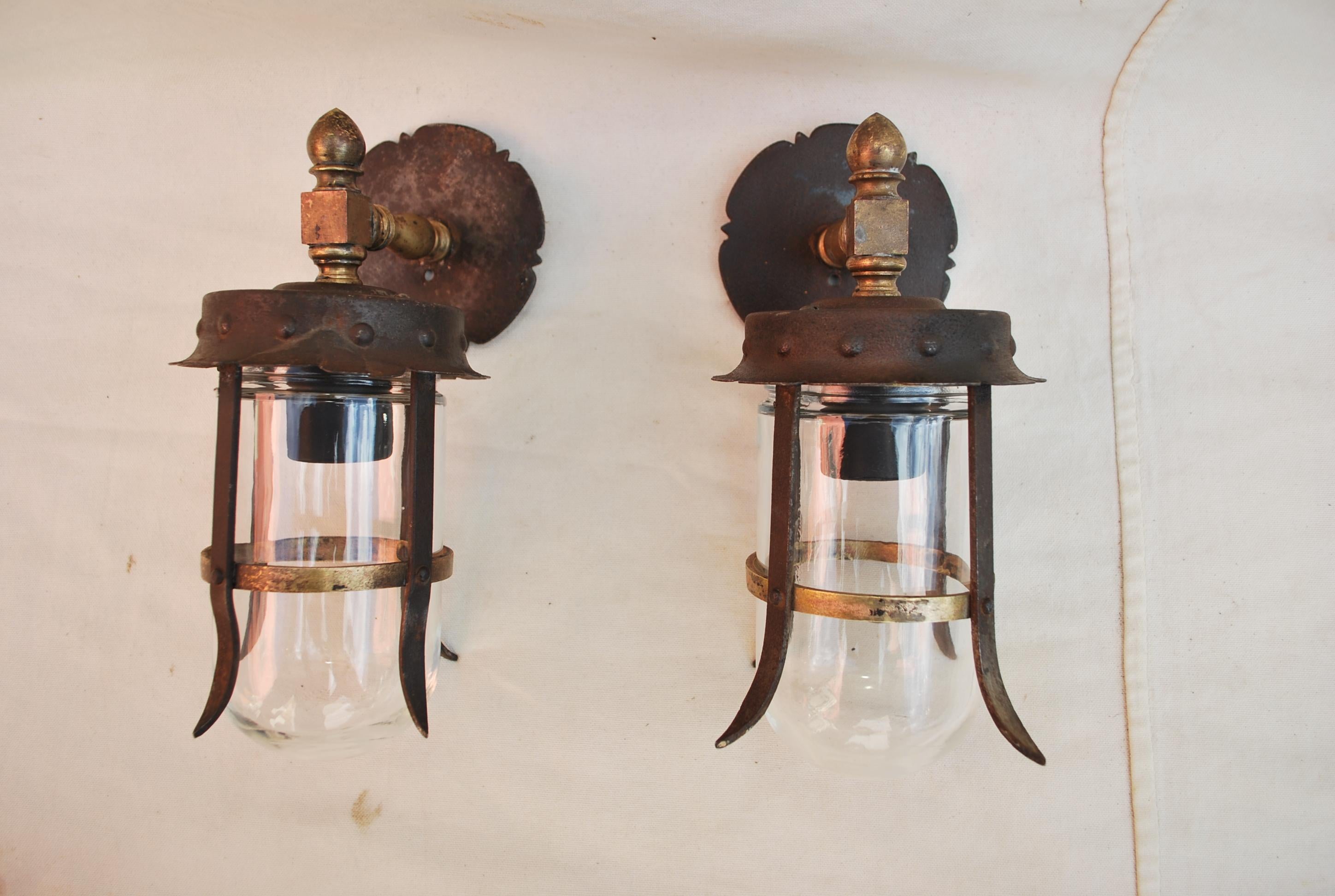 Brass Pair of 1920s Outdoor Sconces