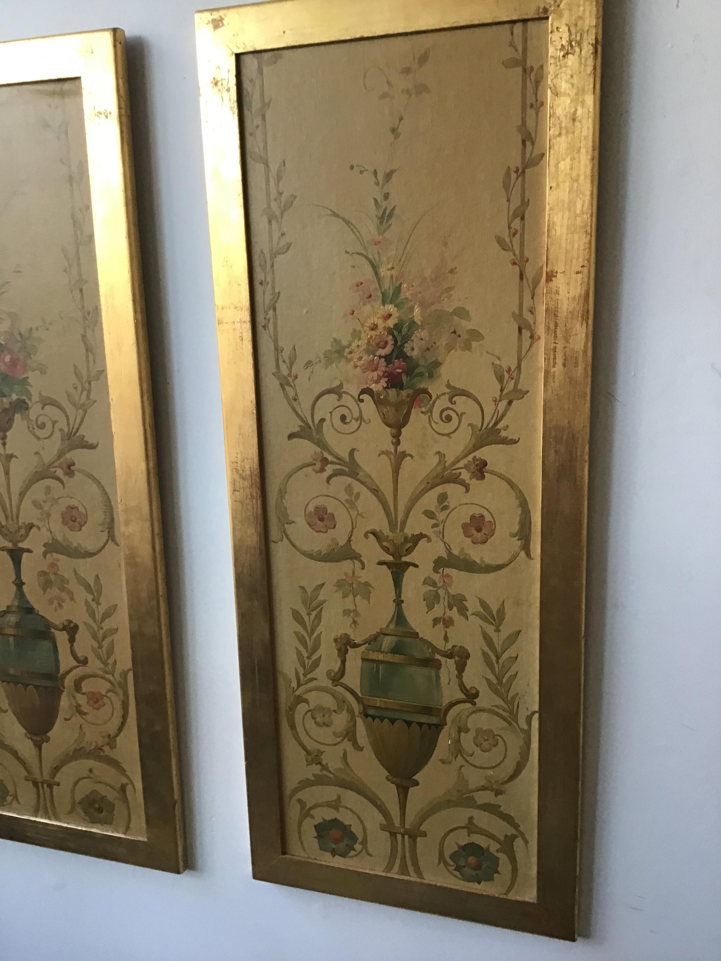Pair of 1920s painted panels on canvas.