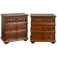 Pair of 1920s Petite Italian Walnut Commodes with Drawers and Raised Motifs