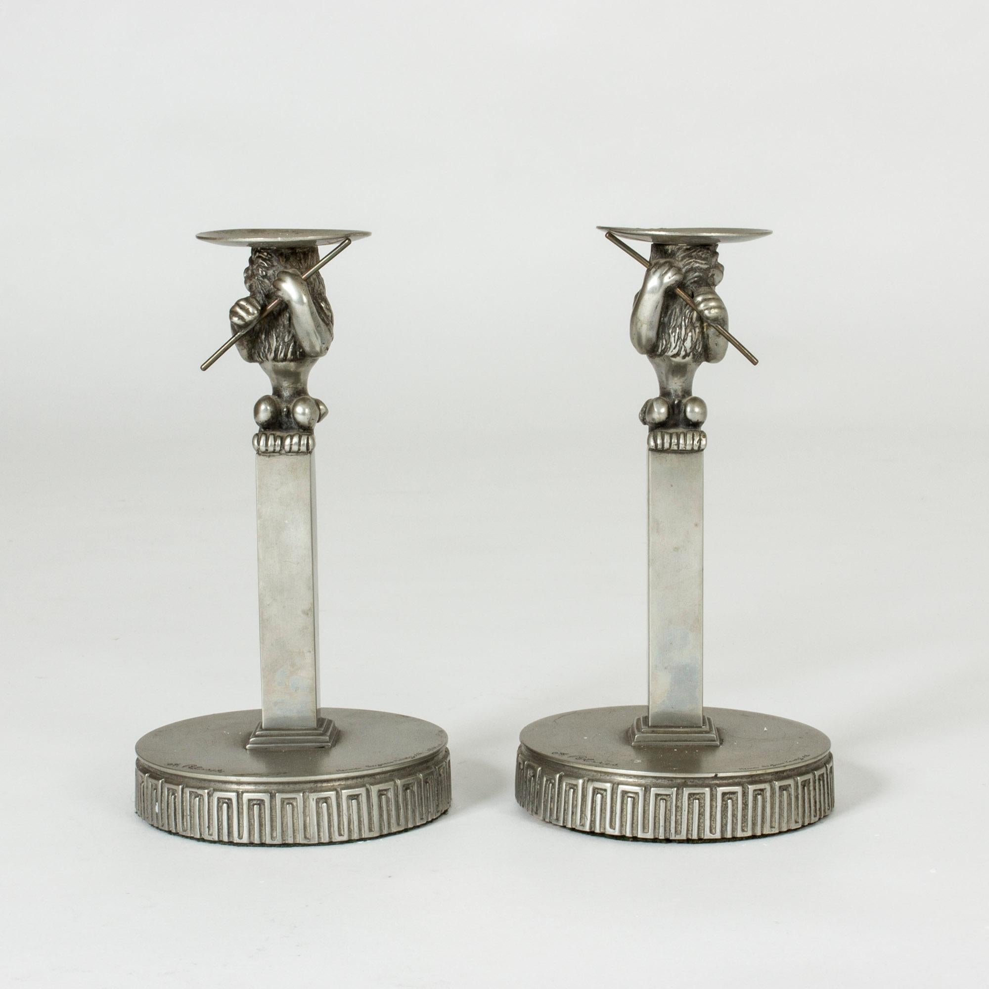 Swedish Pair of 1920s Pewter Candlesticks by Anna Petrus