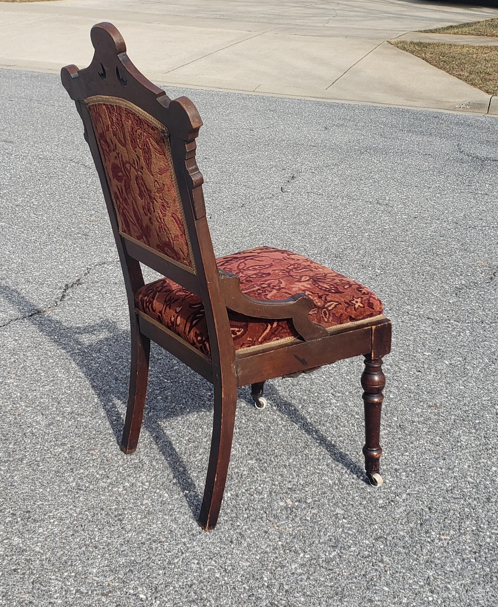 Pair of 1920s Philips & Philips Victorian Walnut and Velvet Upholstered Chairs In Good Condition For Sale In Germantown, MD