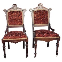 Used Pair of 1920s Philips & Philips Victorian Walnut and Velvet Upholstered Chairs