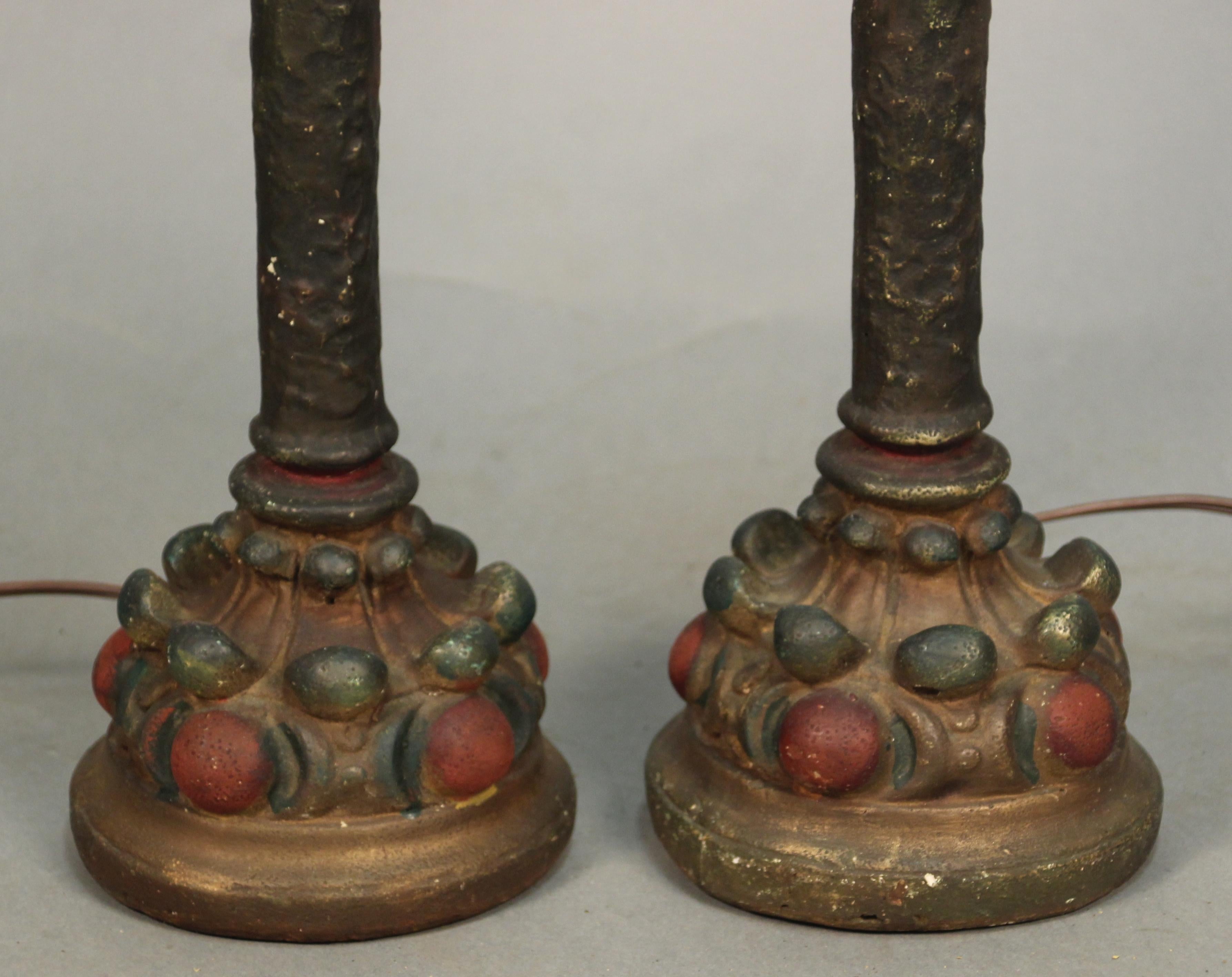 Pair of polychrome lamps with mica.