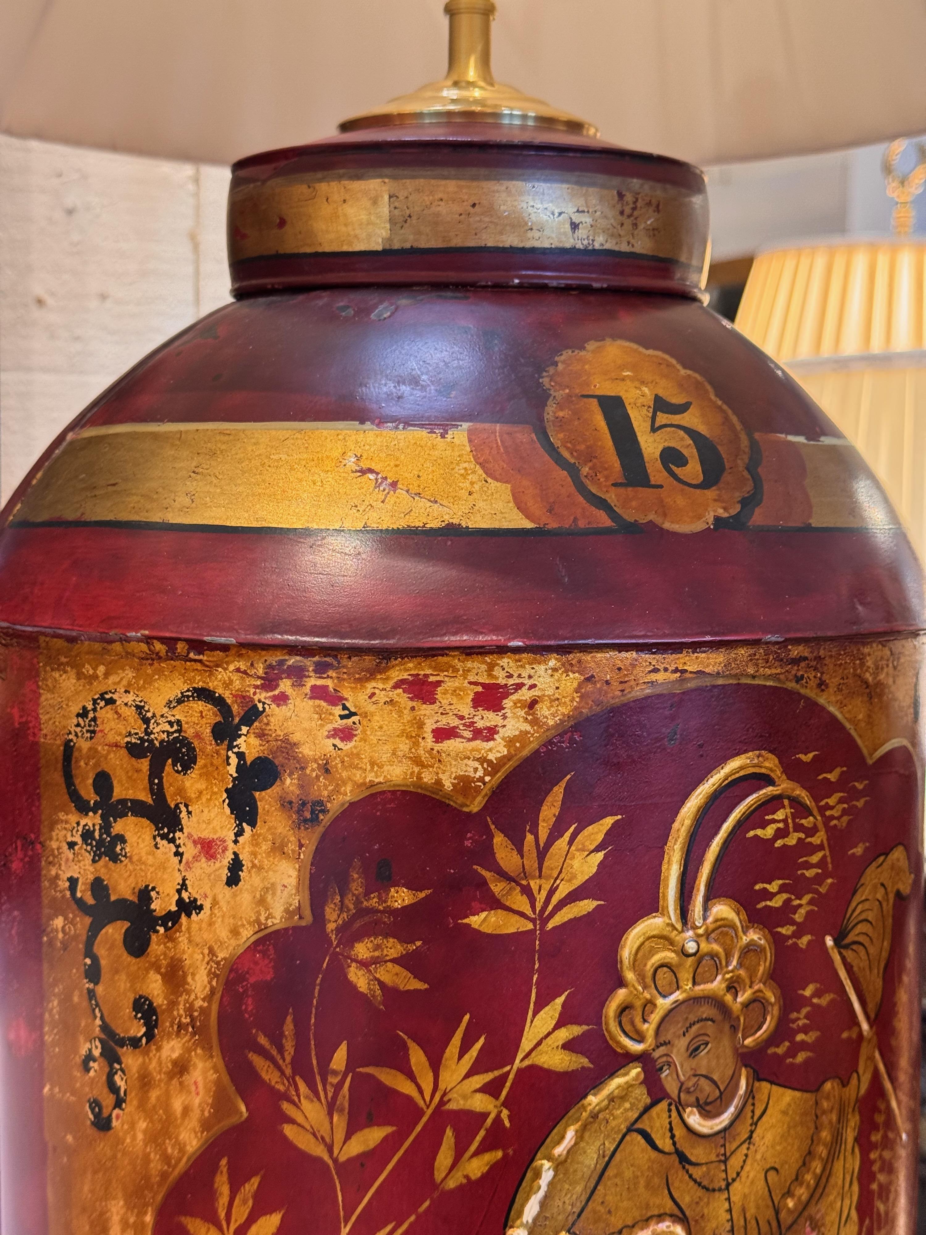 Pair of 1920s Red Tole Tea Canister Lamps 5