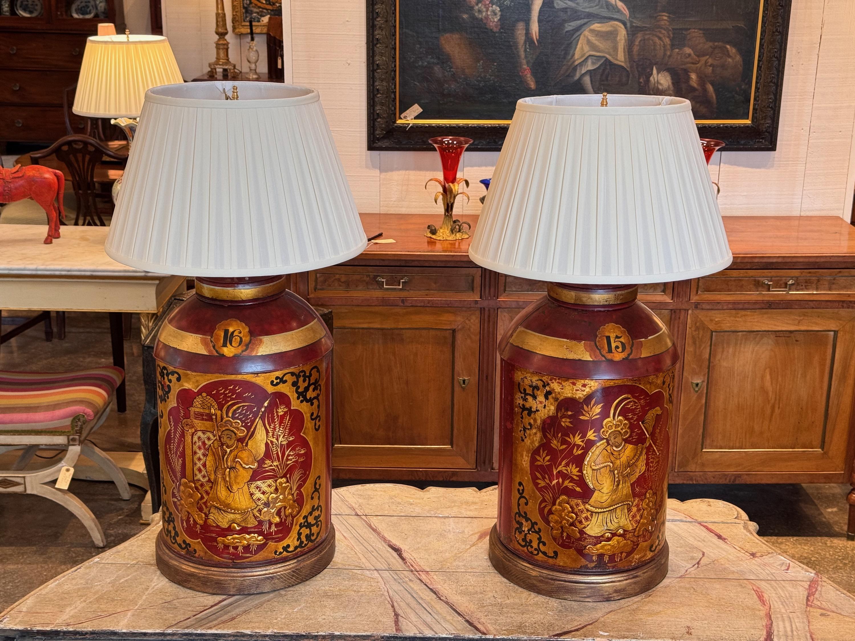 British Pair of 1920s Red Tole Tea Canister Lamps