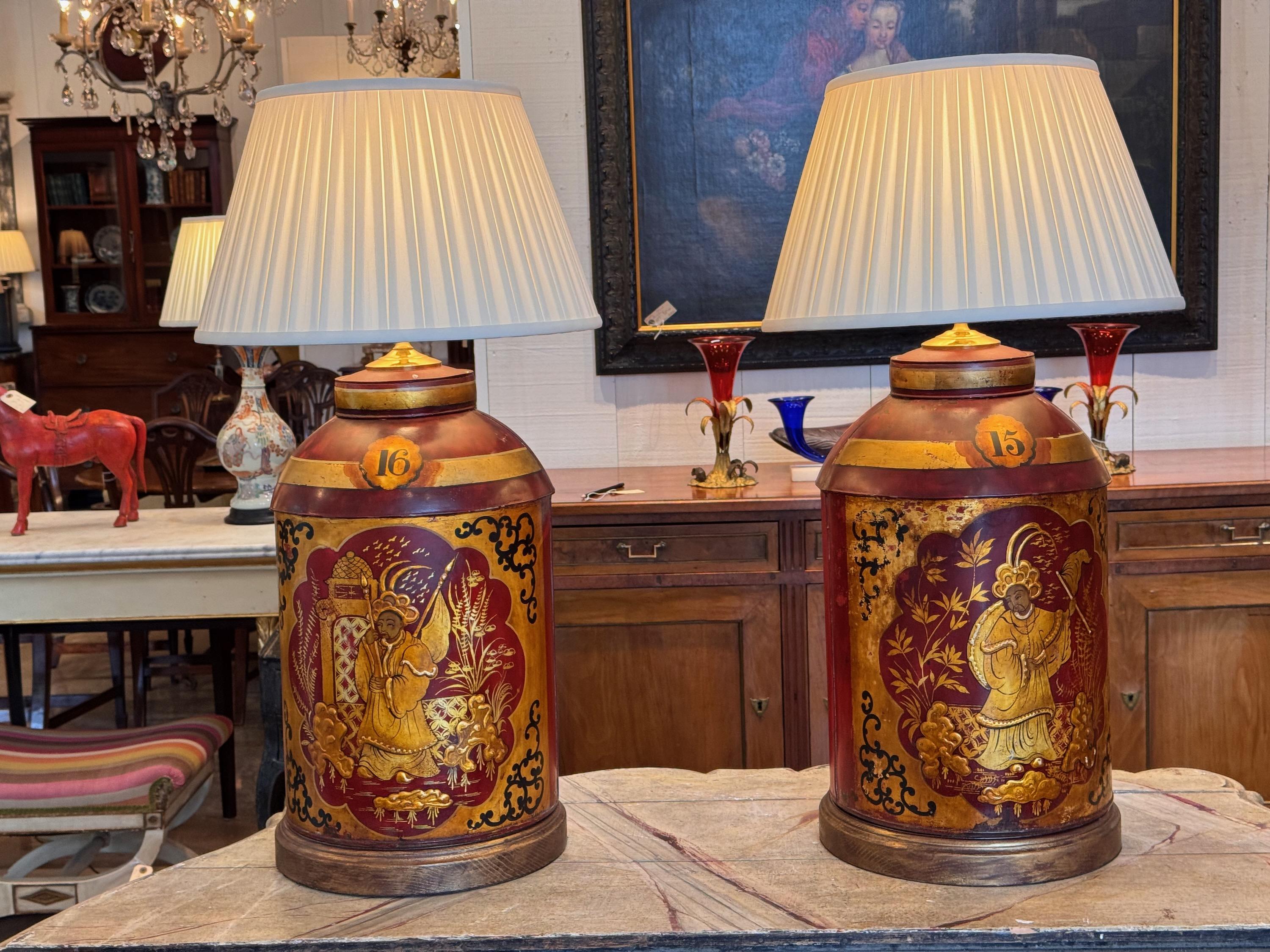 Pair of 1920s Red Tole Tea Canister Lamps In Good Condition In Charlottesville, VA