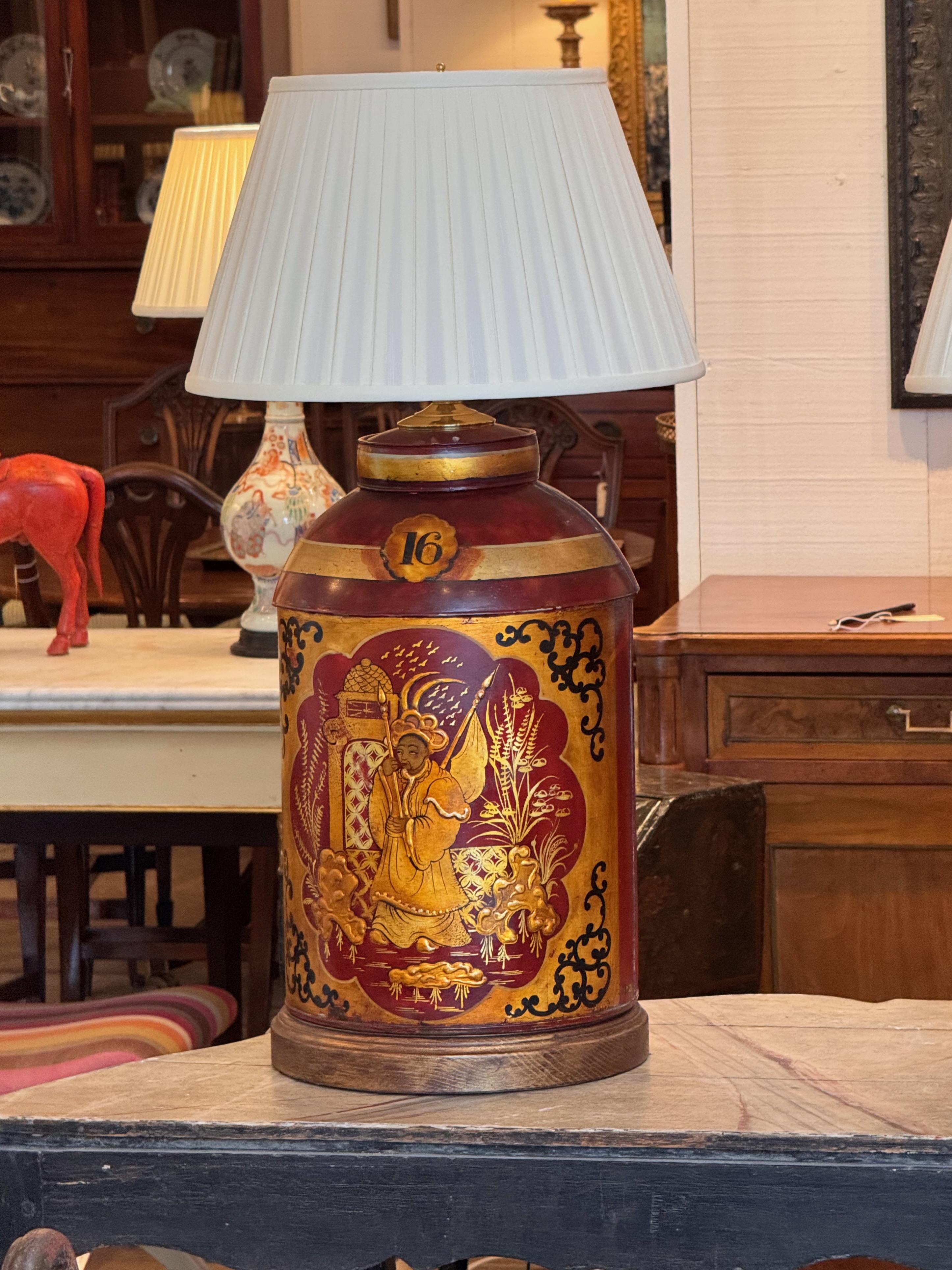 Metal Pair of 1920s Red Tole Tea Canister Lamps