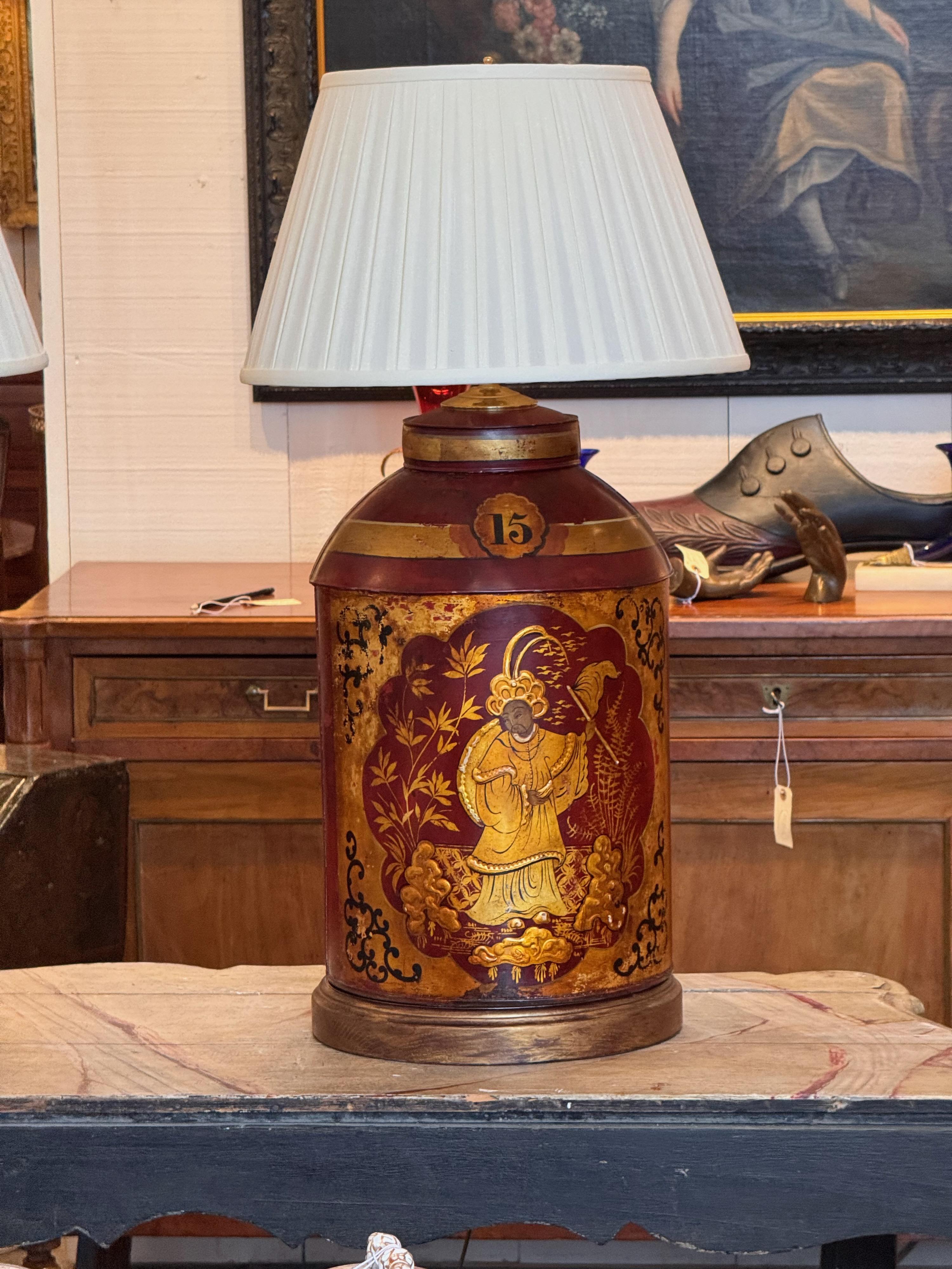 Pair of 1920s Red Tole Tea Canister Lamps 1