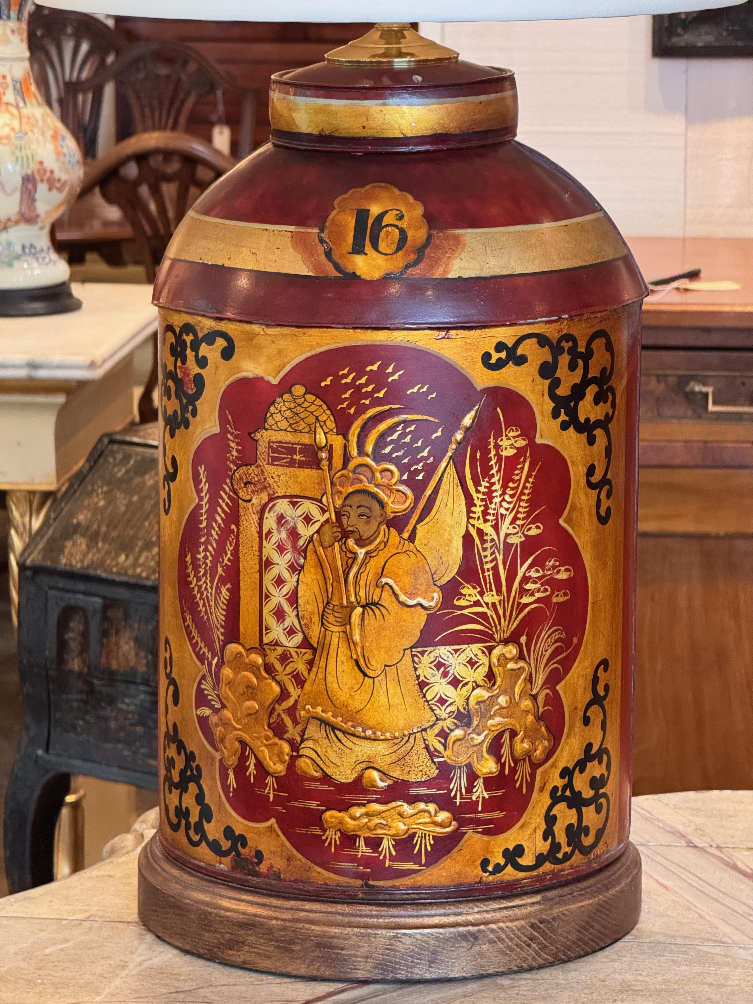 Pair of 1920s Red Tole Tea Canister Lamps 2