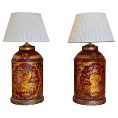 Pair of 1920s Red Tole Tea Canister Lamps