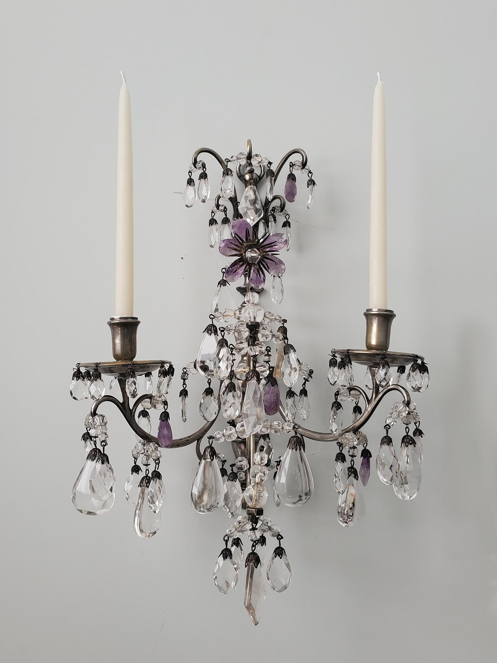 Louis XVI Pair of 1920s Rock-Crystal and Amethyst Sconces For Sale