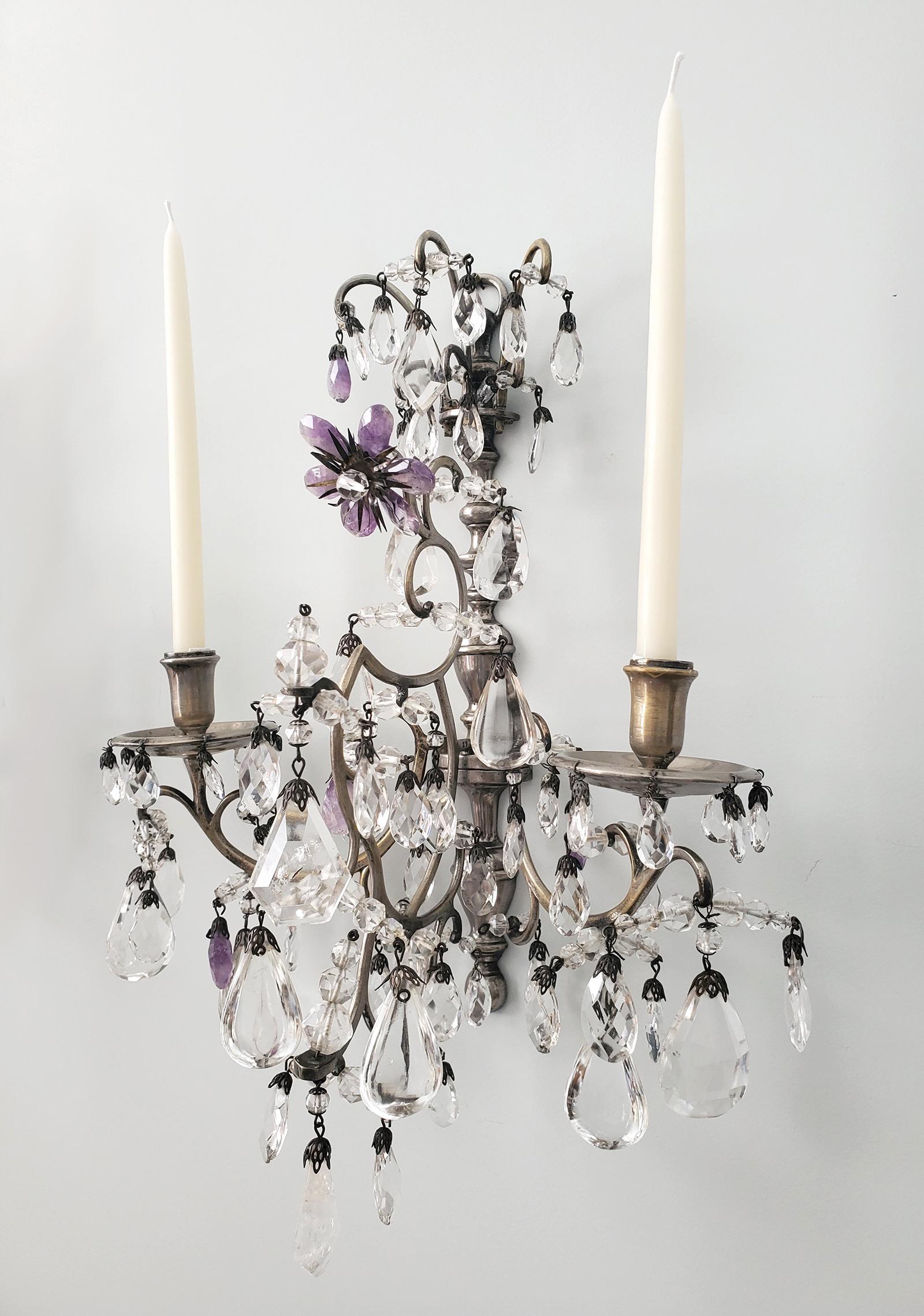 French Pair of 1920s Rock-Crystal and Amethyst Sconces For Sale