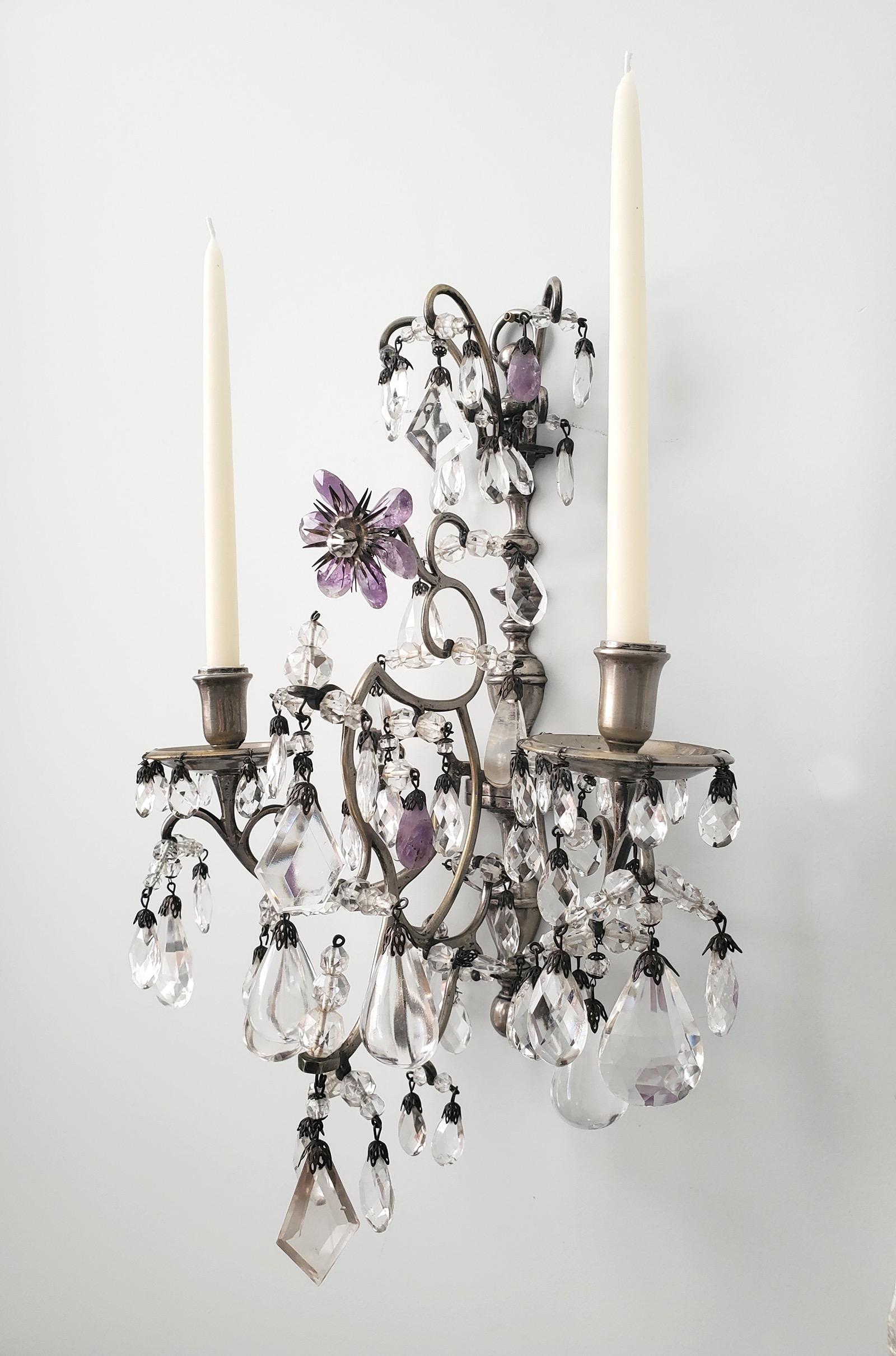 Silvered Pair of 1920s Rock-Crystal and Amethyst Sconces For Sale