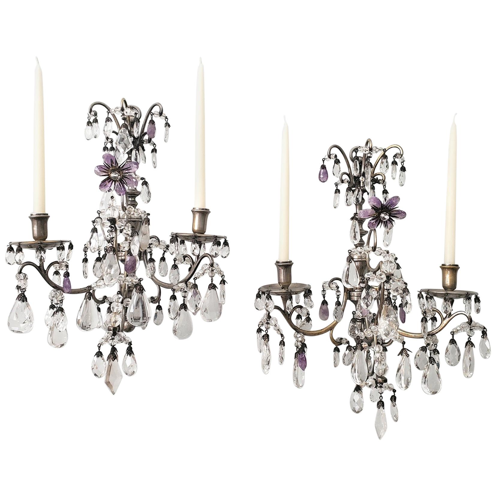 Pair of 1920s Rock-Crystal and Amethyst Sconces