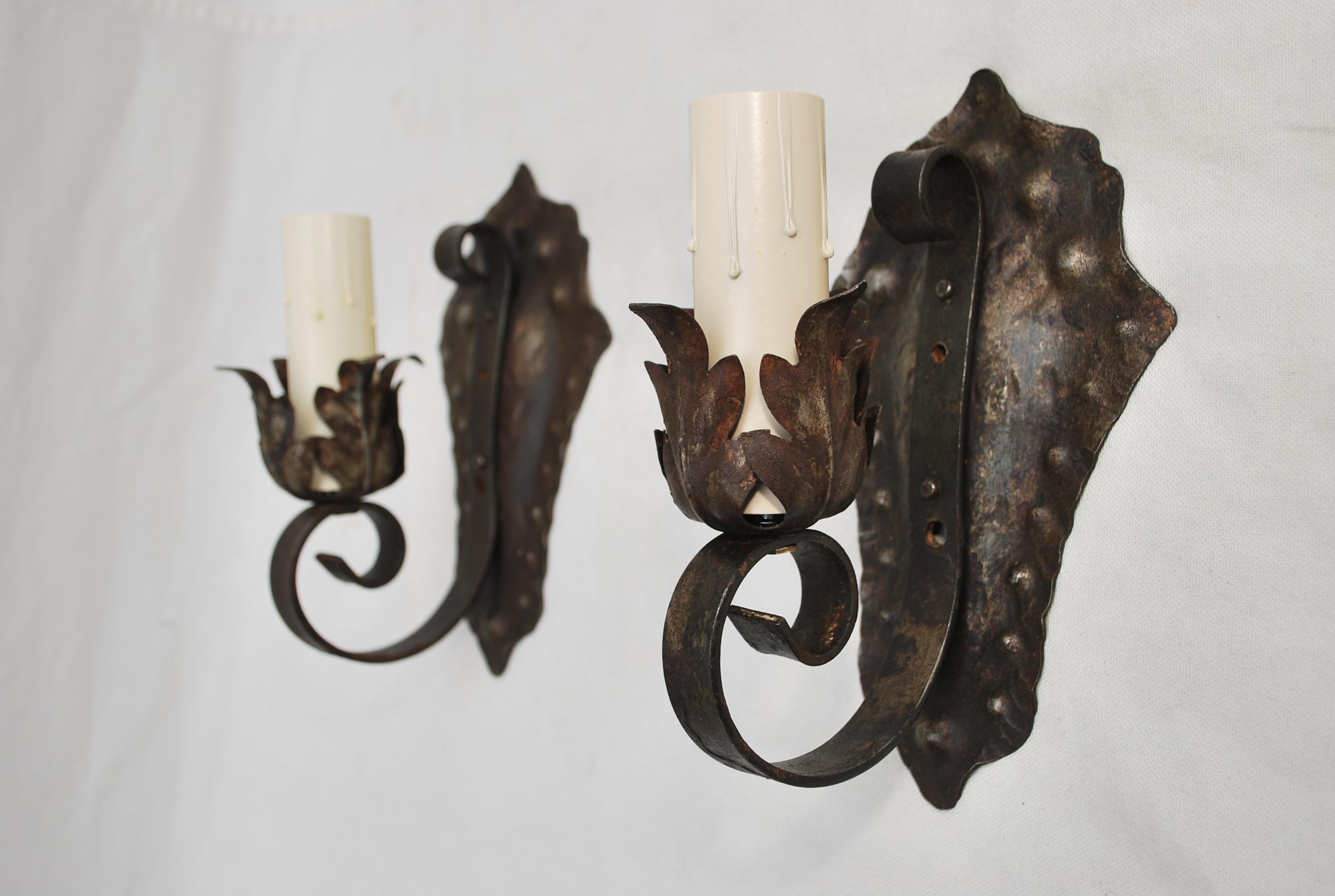 Early 20th Century Pair of 1920's rustic wrought iron sconces