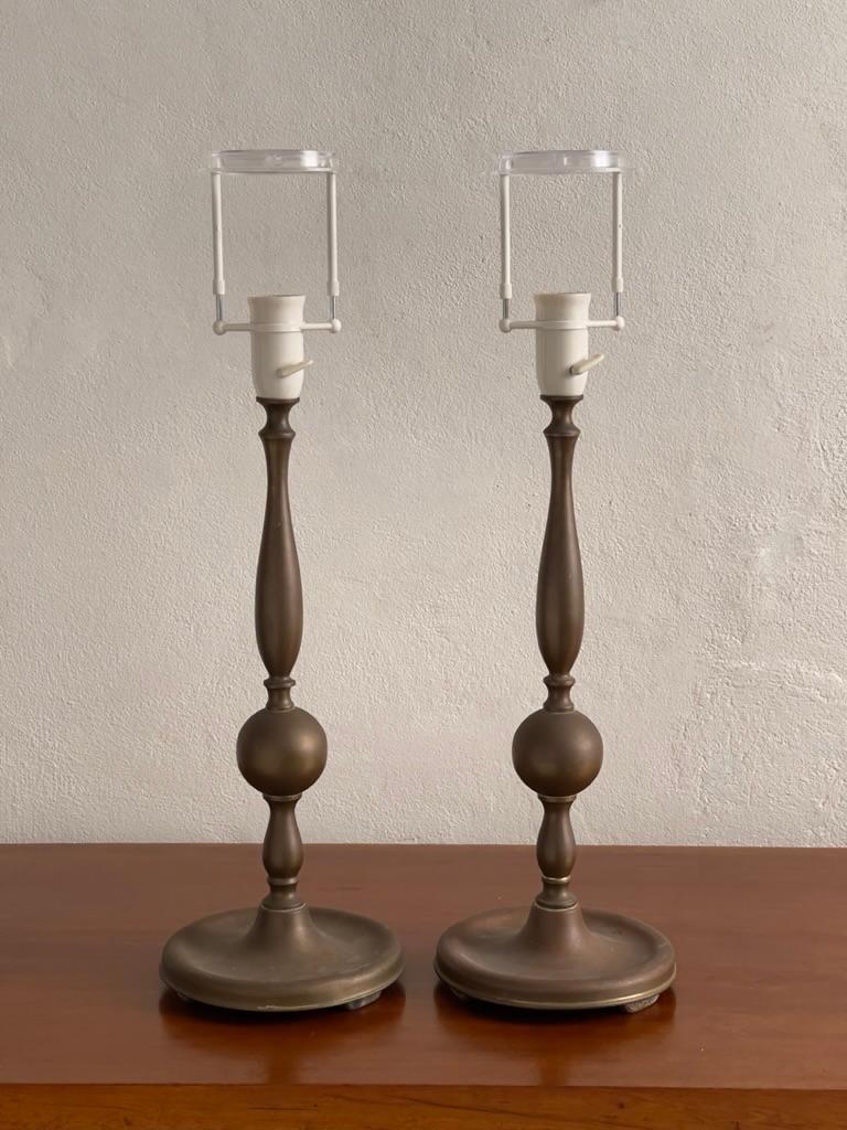 Early 20th Century Pair of 1920s Scandinavian Table Lamps in Patinated Brass with Soft Proportions