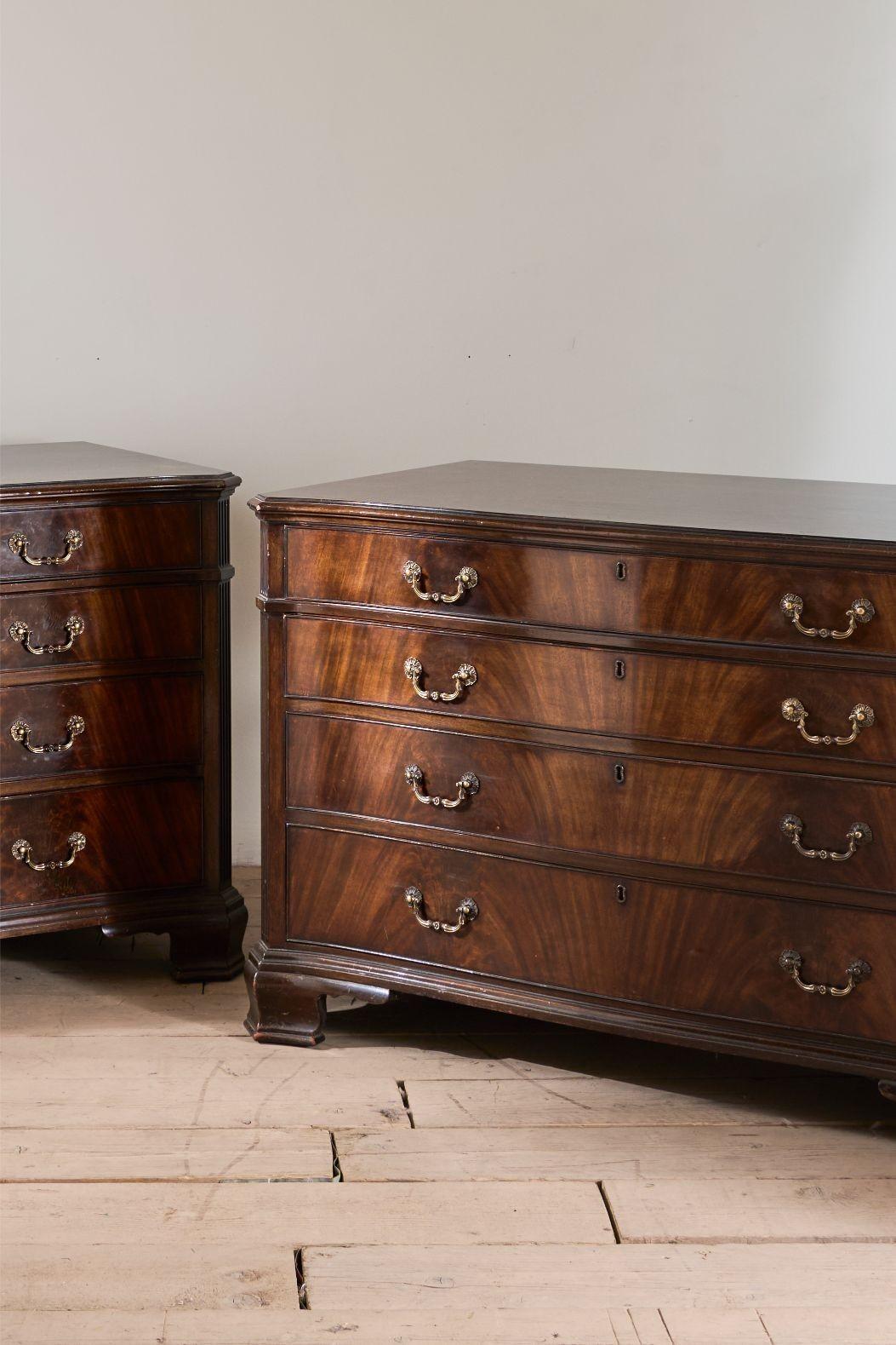 These are an exceptional quality pair of chests that were found in a silversmiths from Birmingham. The pair are made from mahogany and are serpentine fronted. Extremely high quality and decorative. But what makes these that bit more special is that