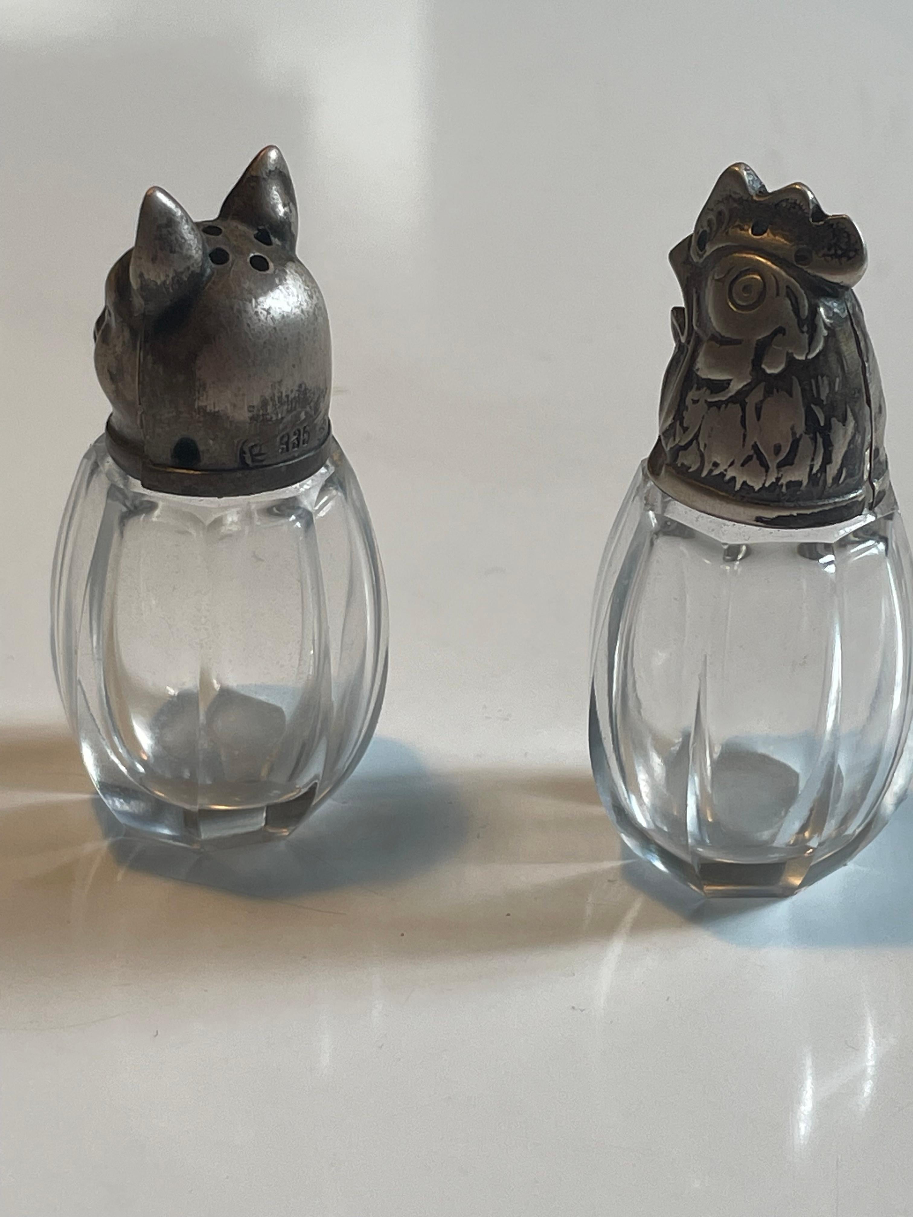 French Pair of 1920s Silver and Crystal Salt & Pepper Shakers, France