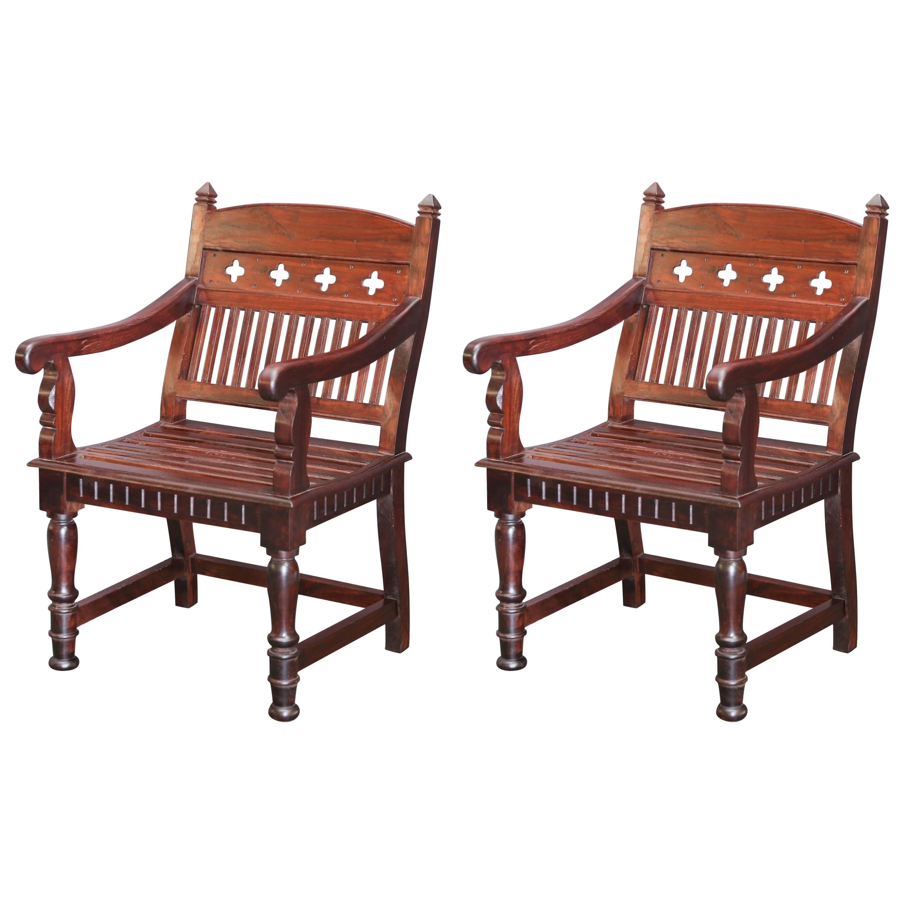 Pair of 1920s Solid Teak Wood Superbly Crafted Contoured Armchairs For Sale