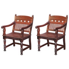 Used Pair of 1920s Solid Teak Wood Superbly Crafted Contoured Armchairs