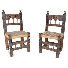 Pair of 1920s Spanish Hand Carved Painted Wooden Chairs w/ Woven Bulrush Seats