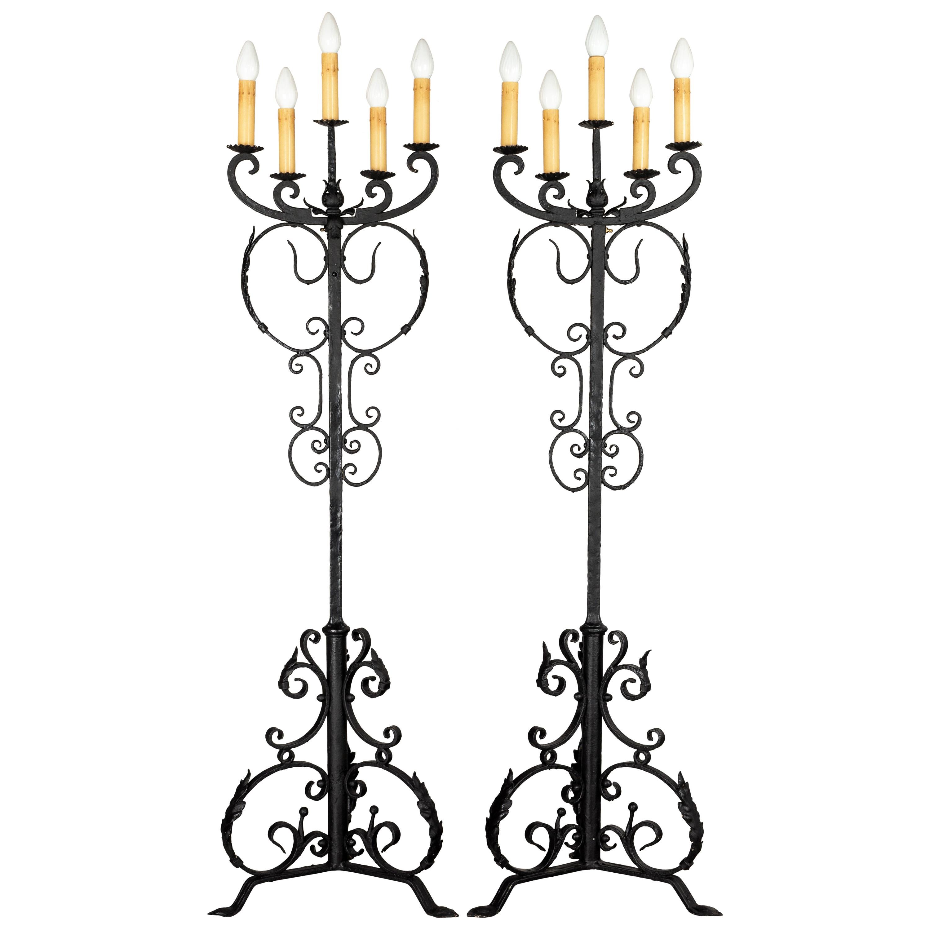 Pair of 1920s Spanish Revival Wrought Iron Floor Torchères