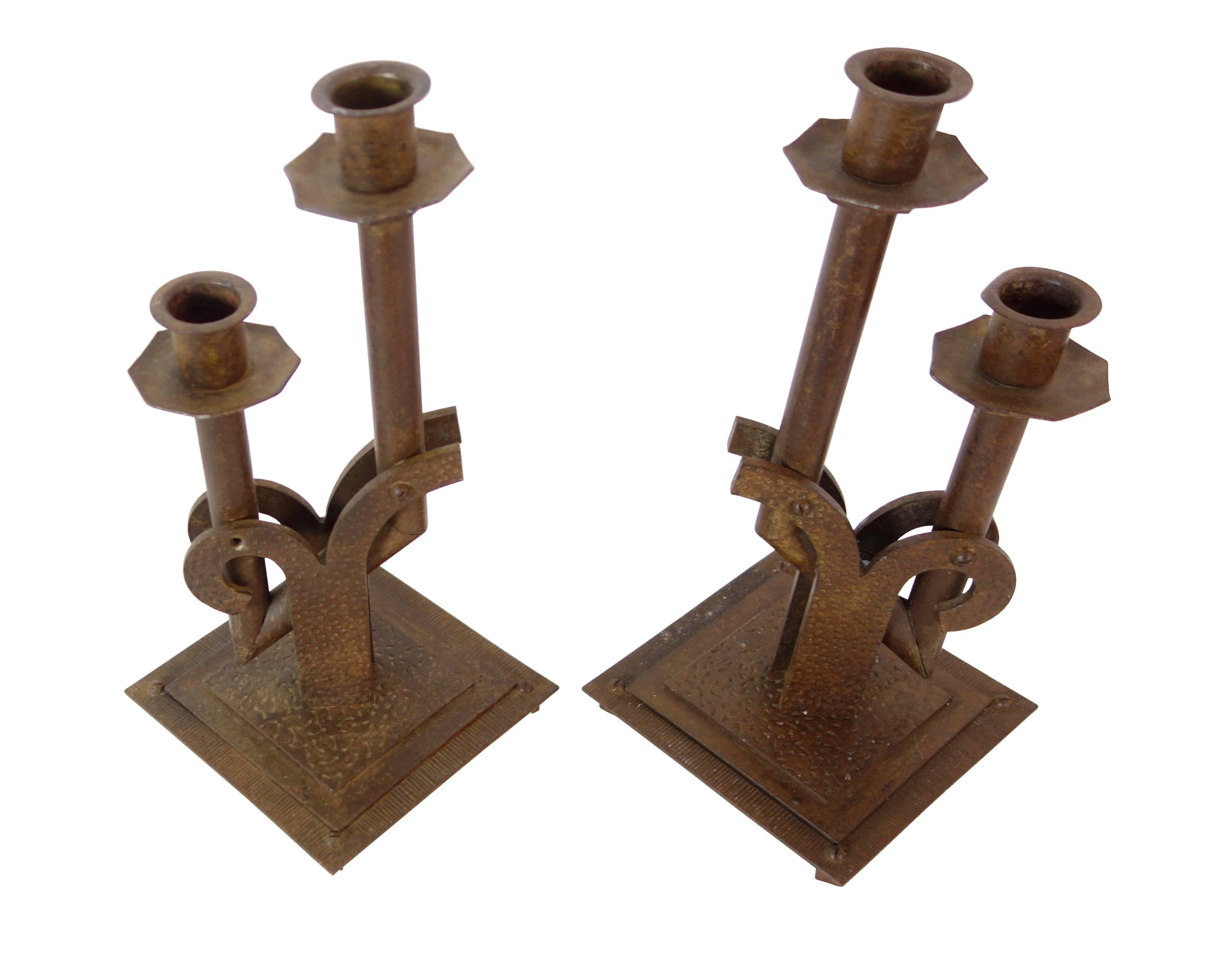 This is a wonderful pair of steel Bauhaus style candlesticks from France, circa 1920.