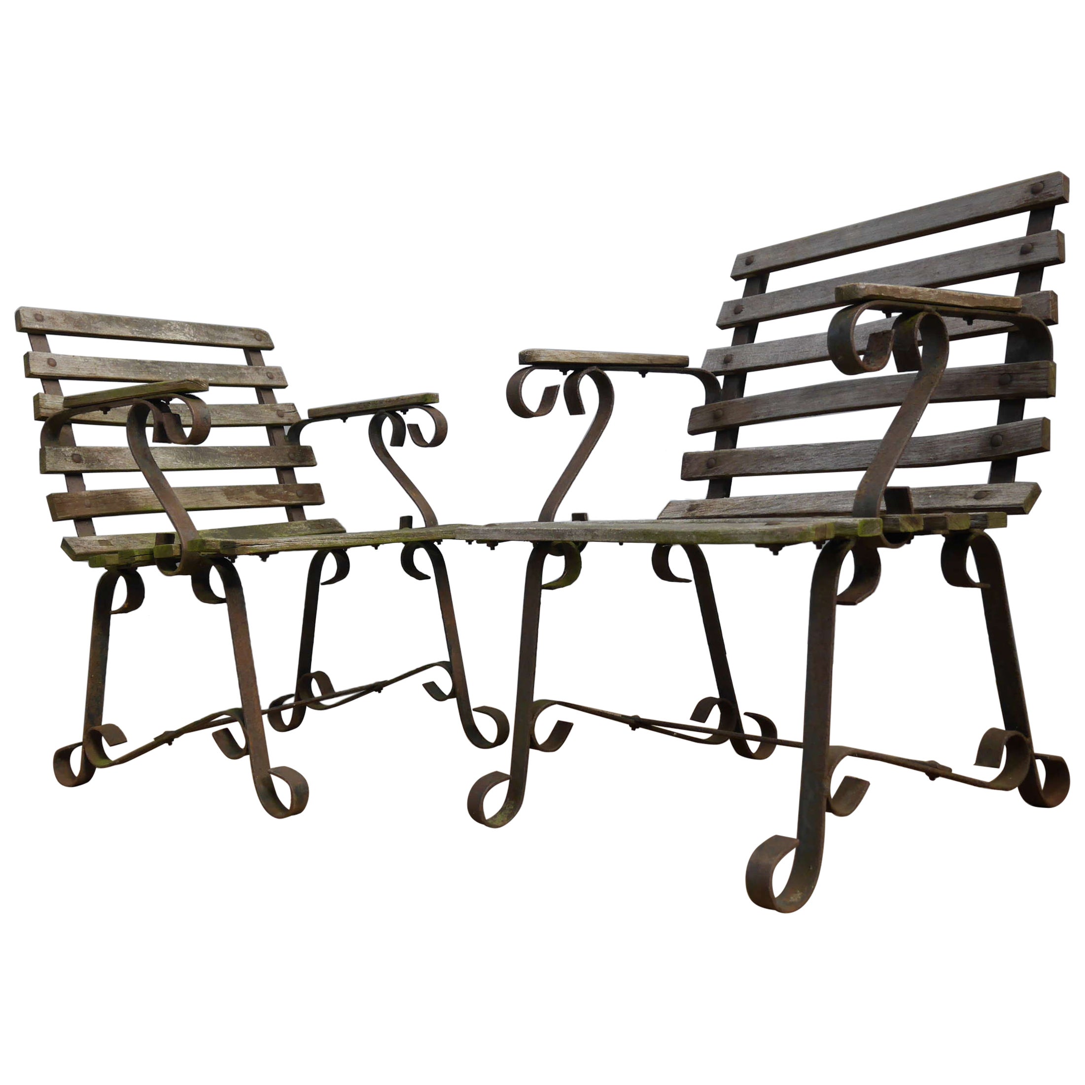 Pair of 1920
s Strap Iron 
Teak Garden Chairs