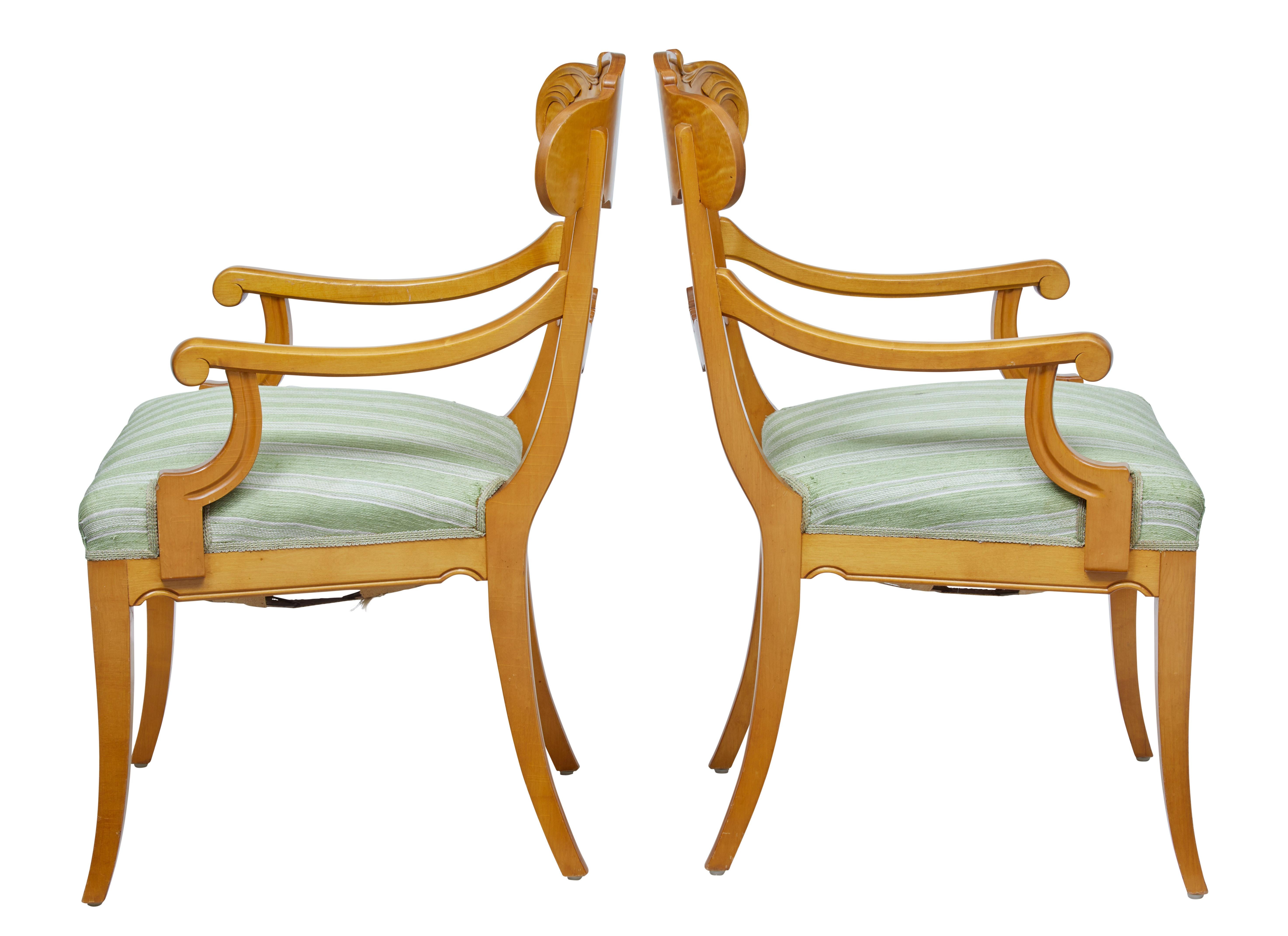 Good quality pair of birch armchairs in the Karl Johan taste, circa 1920.

Shaped and carved back rest, flowing to the scrolling arms. Standing on sabre legs.

Upholstery with some plucking and minor staining, but in usable