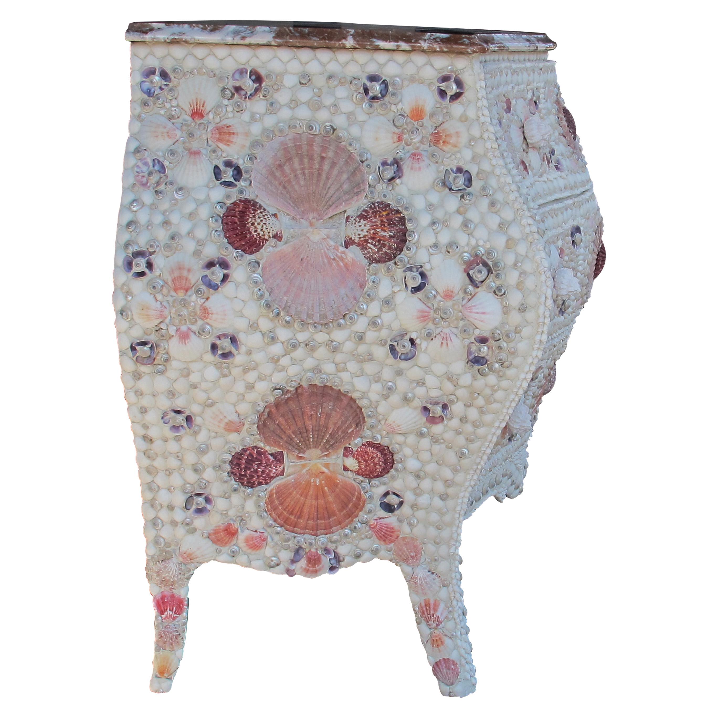 Shell Pair of 1920s Swedish Bombe Chests with Marble Tops and Seashell Embellishment For Sale