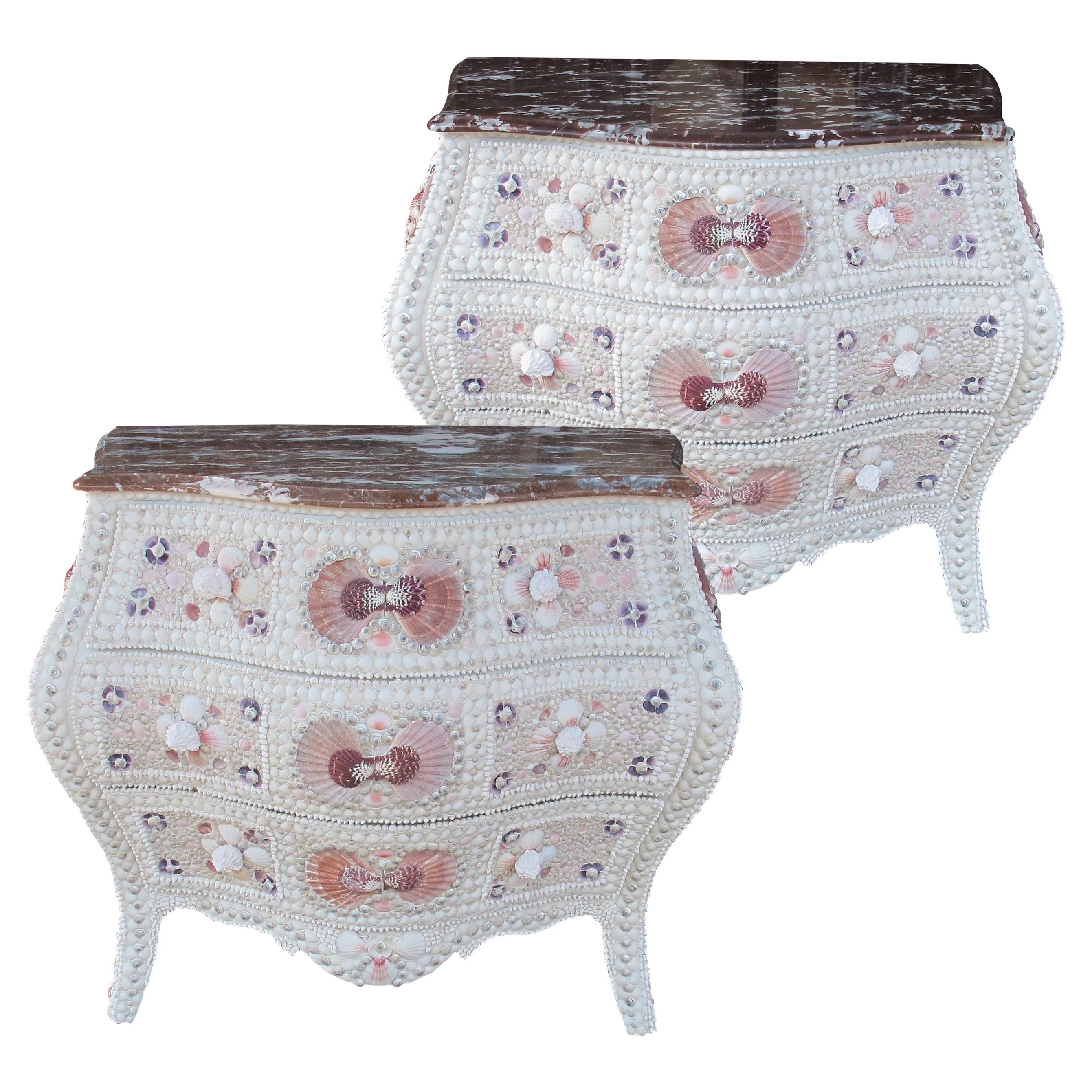Pair of 1920s Swedish Bombe Chests with Marble Tops and Seashell Embellishment For Sale