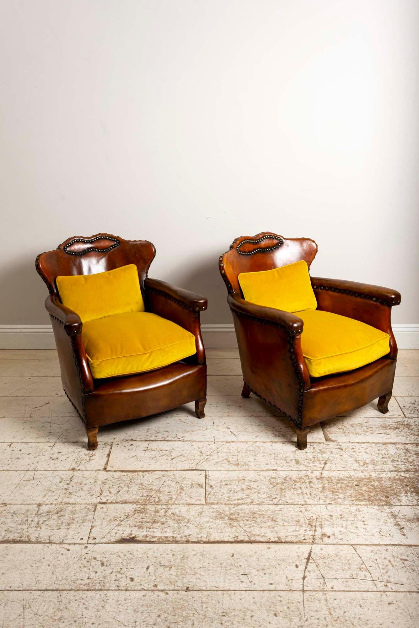 Art Deco Pair of 1920s Swedish Brown Leather Studded Club Chairs by Otto Schulz