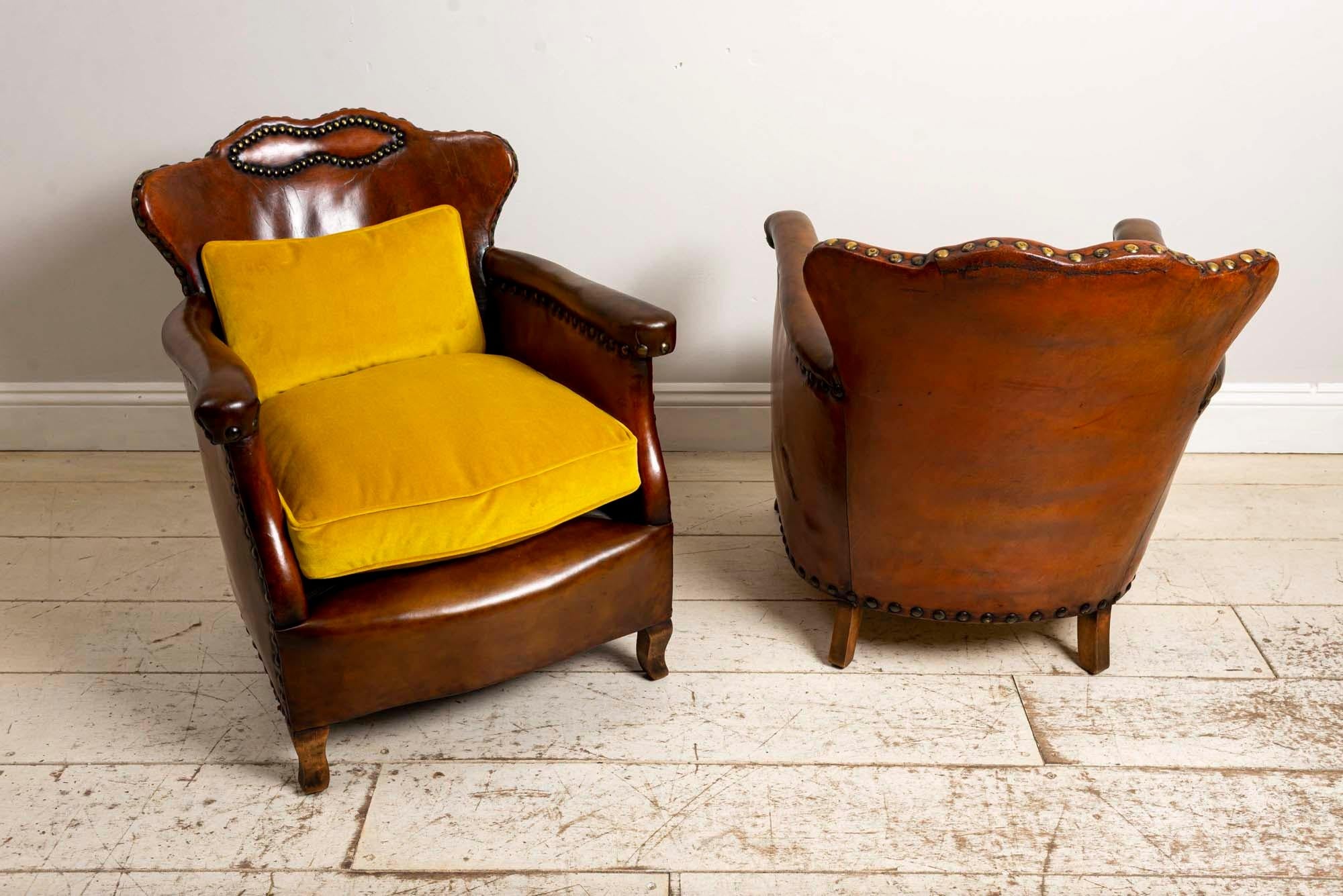 20th Century Pair of 1920s Swedish Brown Leather Studded Club Chairs by Otto Schulz