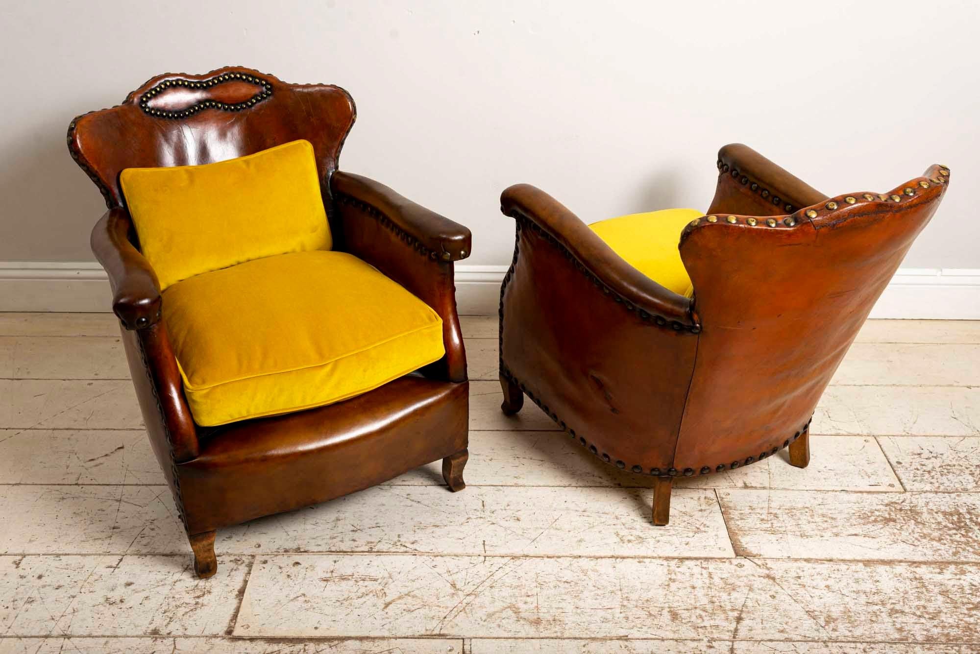 Brass Pair of 1920s Swedish Brown Leather Studded Club Chairs by Otto Schulz