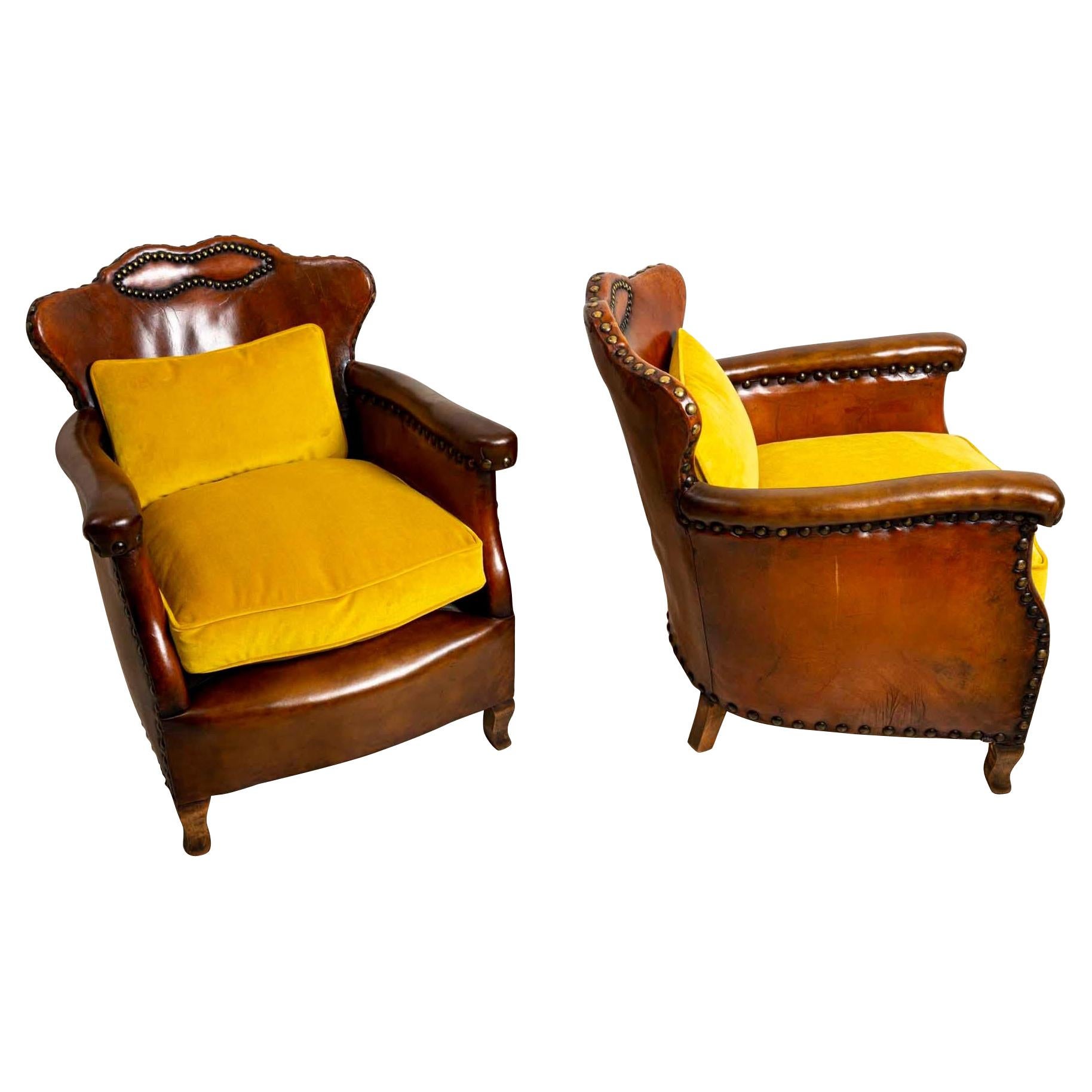 Pair of 1920s Swedish Brown Leather Studded Club Chairs by Otto Schulz