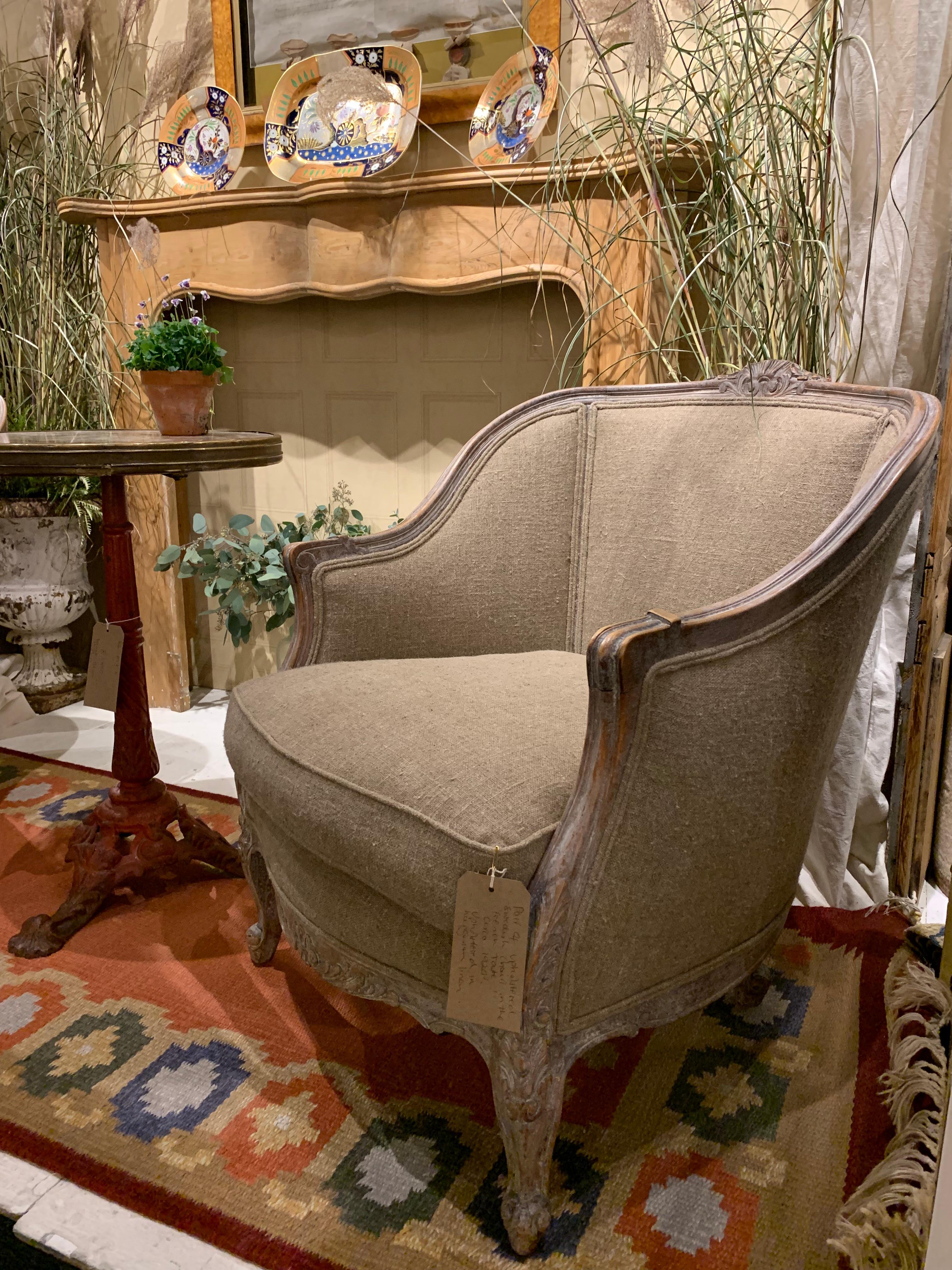Pair of 1920s Swedish Fauteuils Armchairs Upholstered in Mid-Taupe Linen Fabric For Sale 11