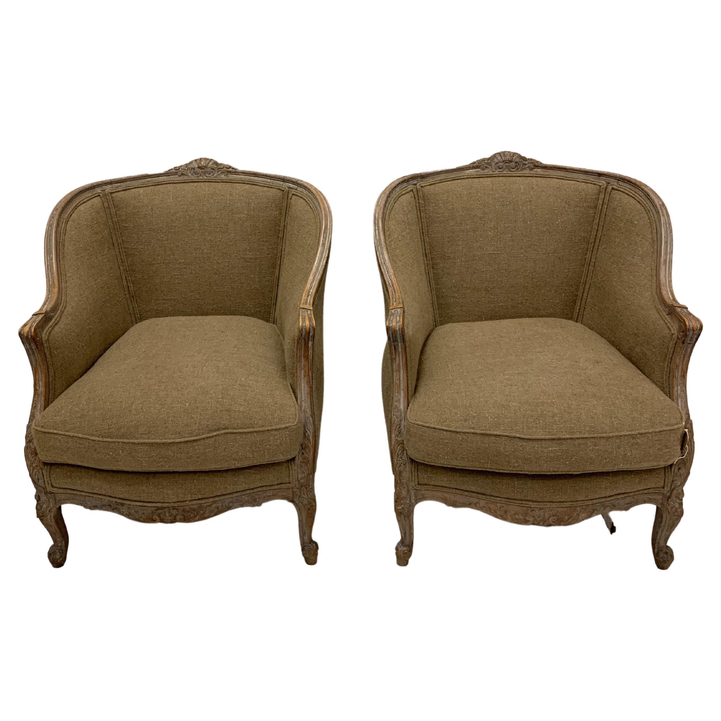 Pair of 1920s Swedish Fauteuils Armchairs Upholstered in Mid-Taupe Linen Fabric For Sale
