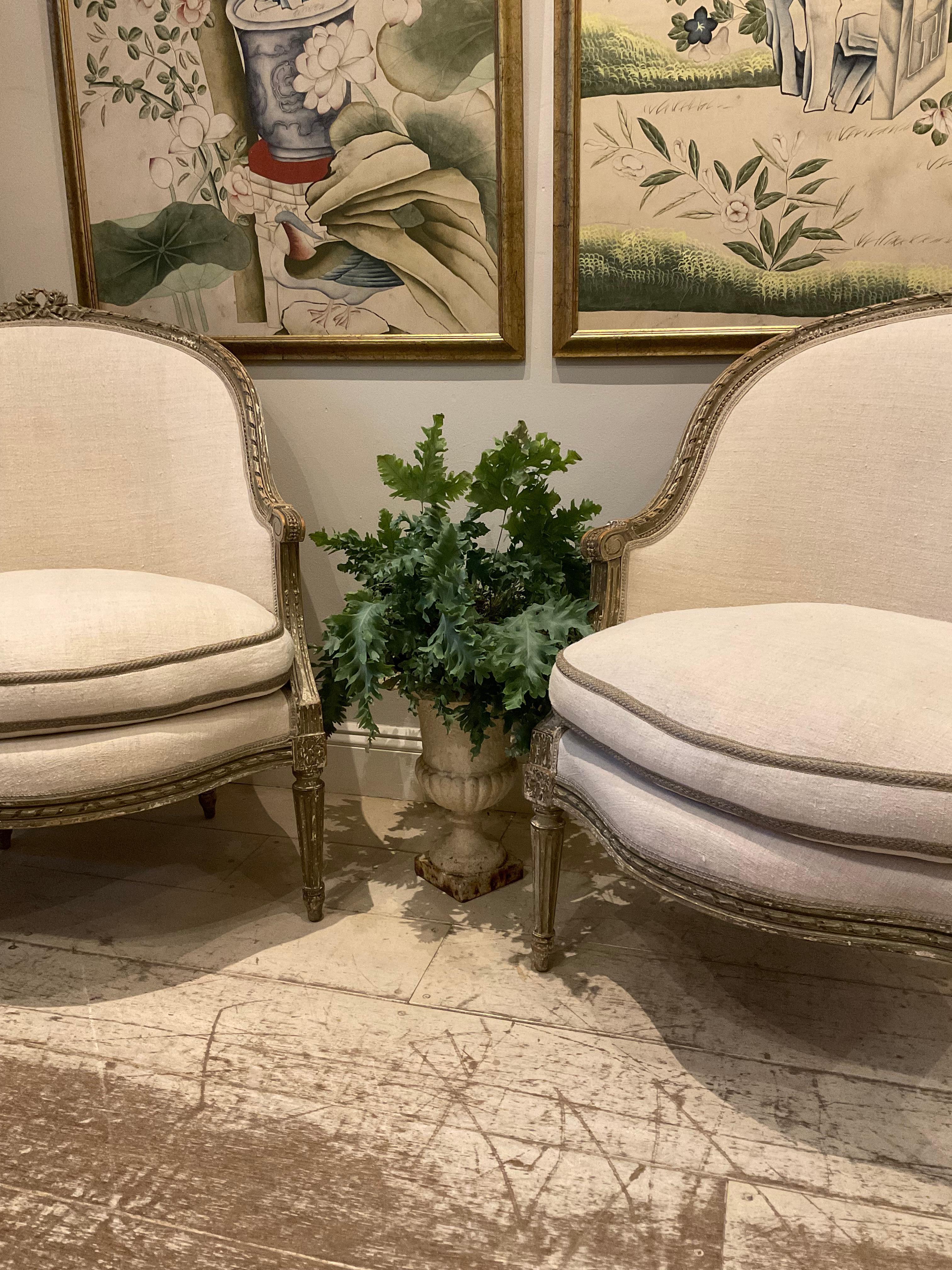 Pair of 1920s Swedish Painted Armchairs Upholstered in French Linen 5