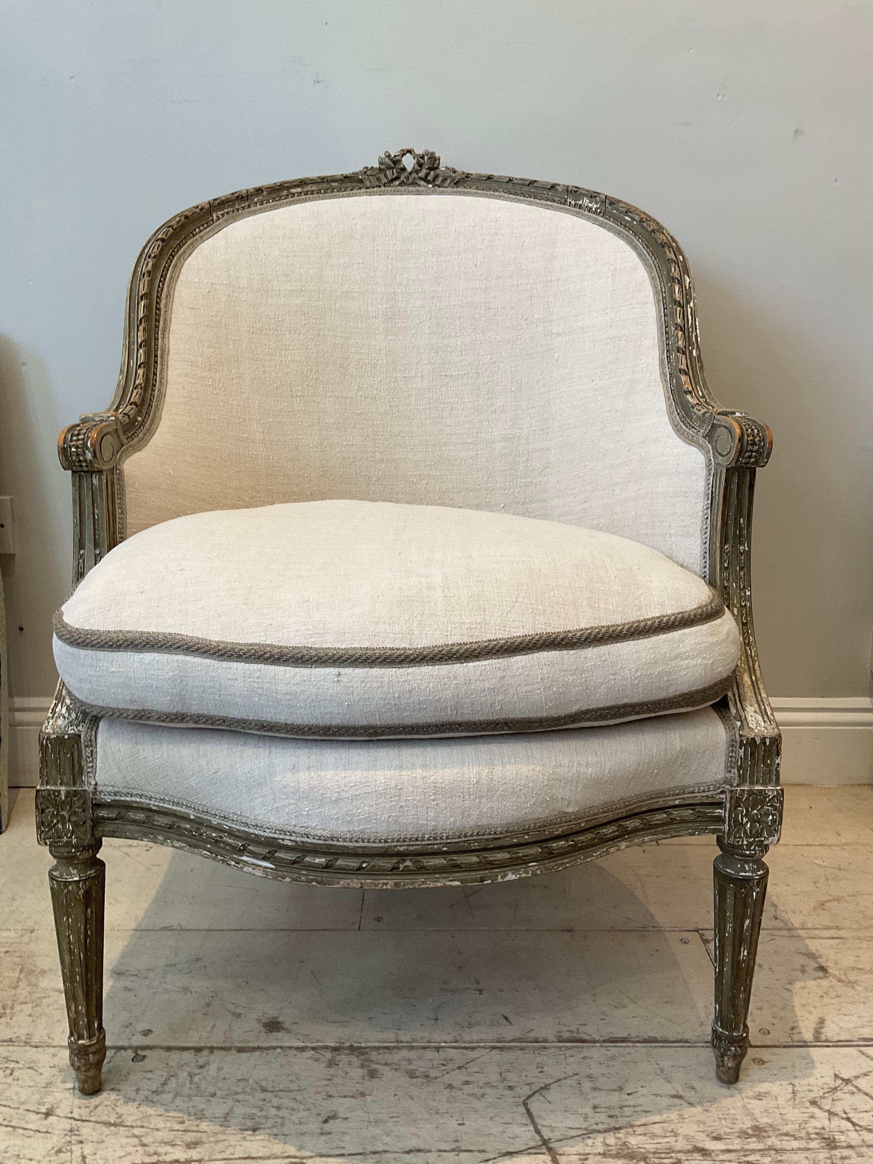 Pair of 1920s Swedish Painted Armchairs Upholstered in French Linen 6