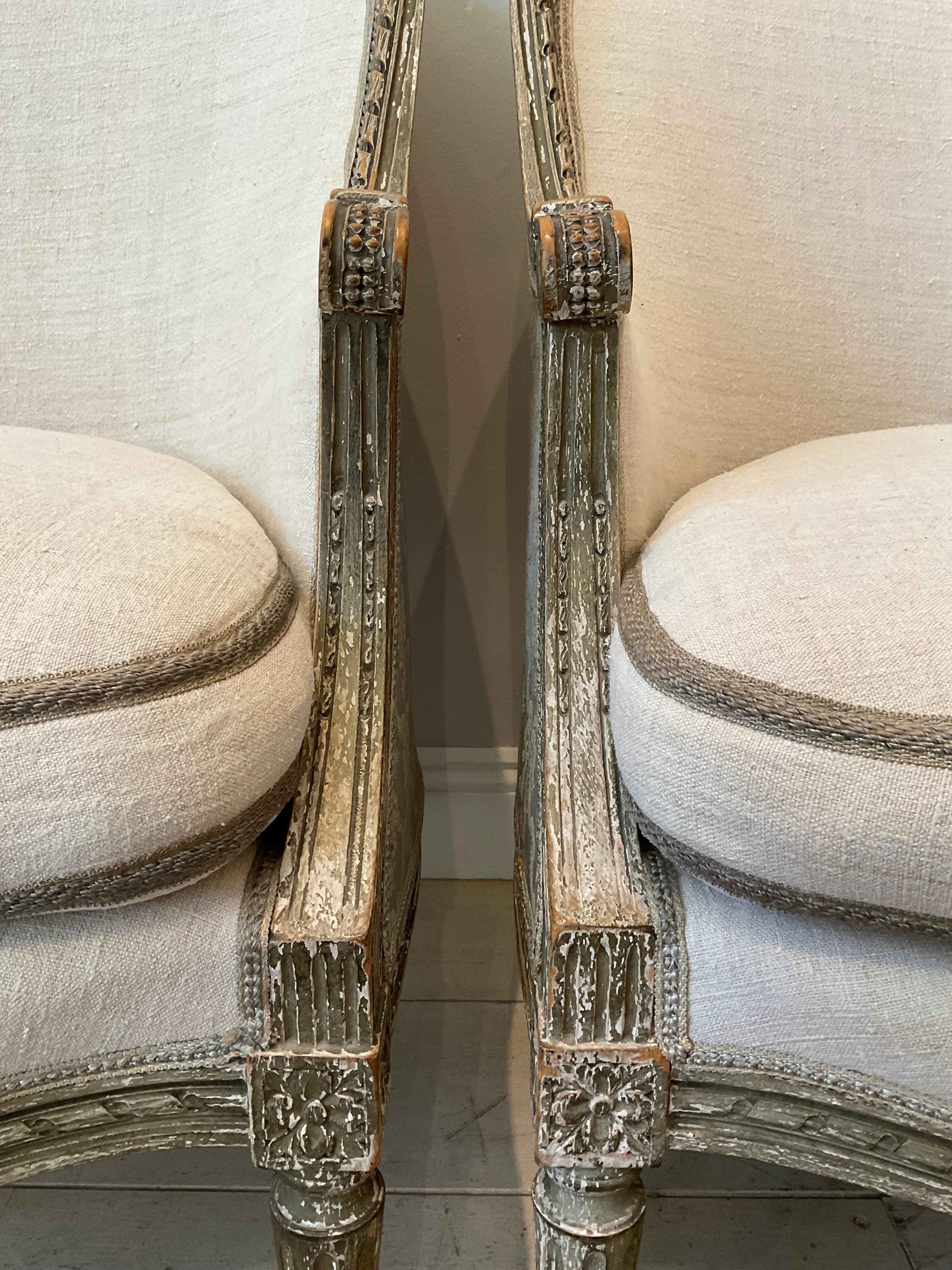 Pair of 1920s Swedish Painted Armchairs Upholstered in French Linen 1